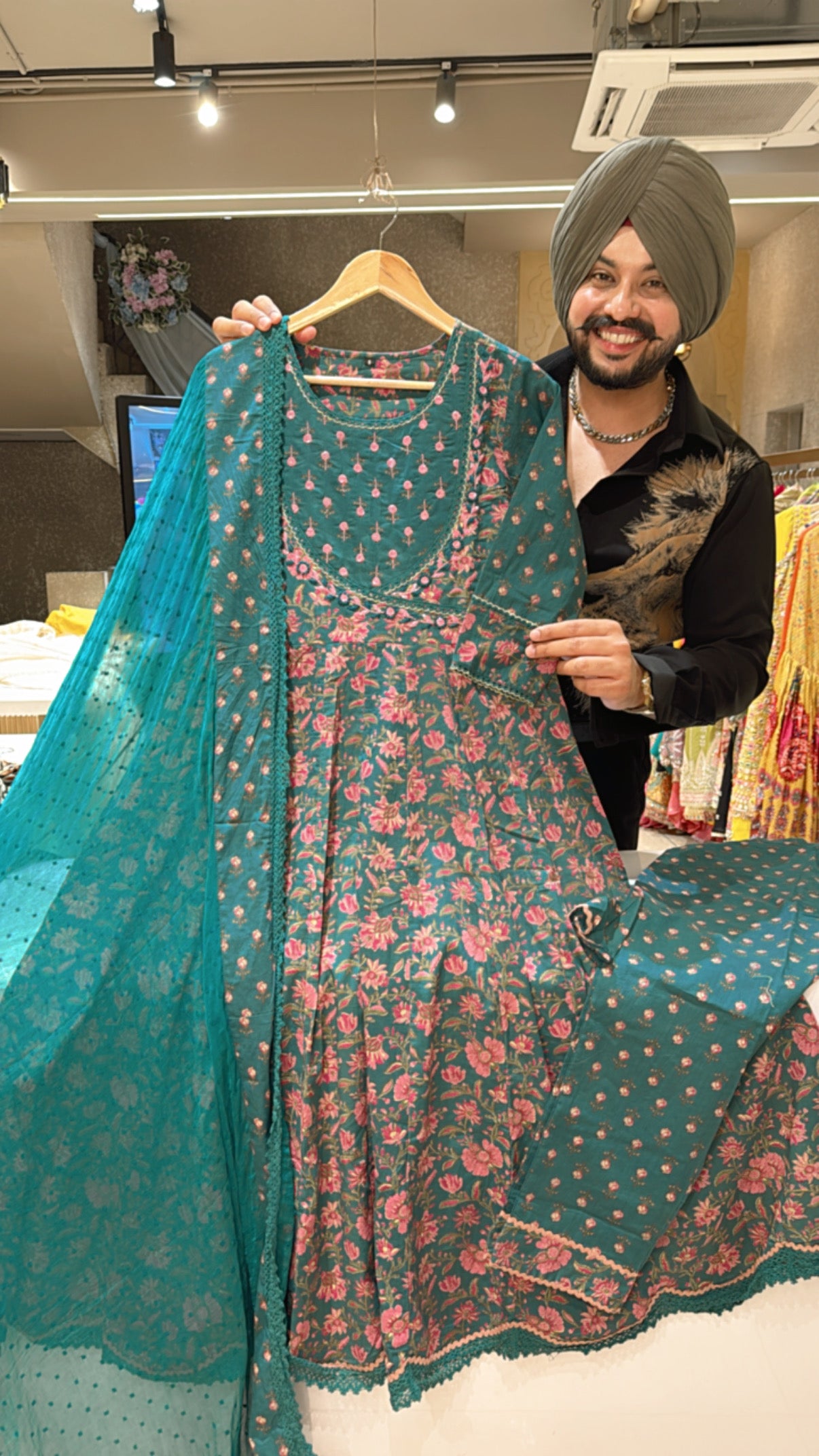 Rama Green Pure Cotton floral Print Anarkali suit with Hand embroidery work on neck & Chiffon Duppata