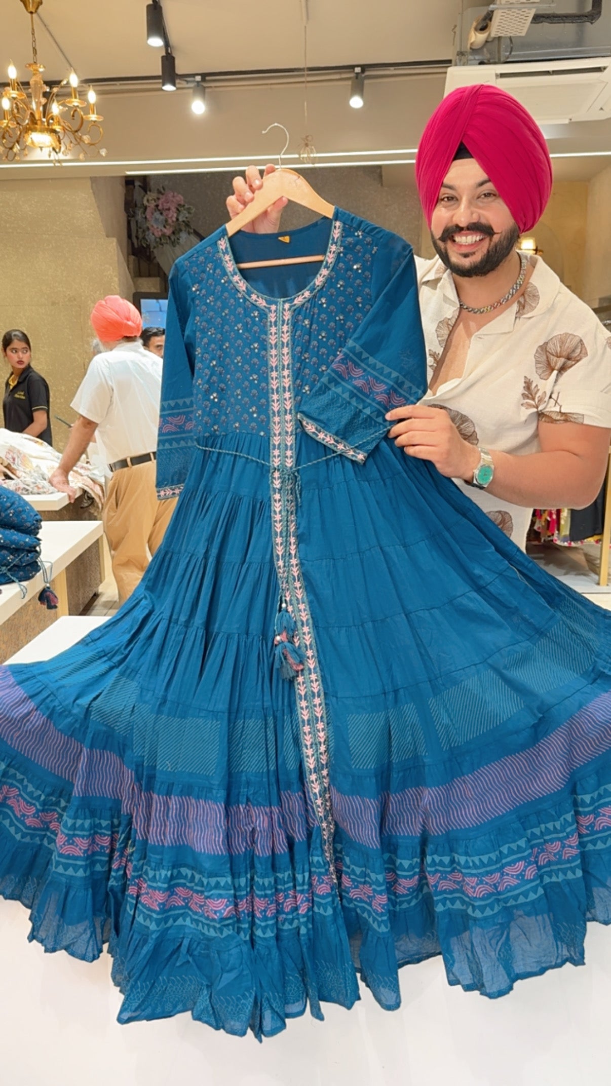 Teel Colour Pure Cotton Full Flair Indowestern Dress With Beautiful Embroidery work on neck