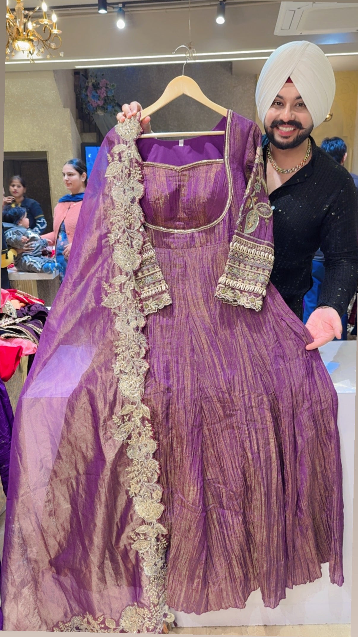 Purple Crush Shimmer Tissue Full Flair Padded Anarkali Gown With Heavy Hand Embroidery Work On Sleeves & Duppata