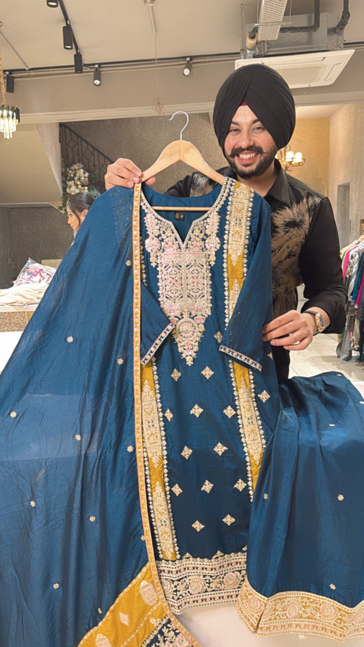 Peacock Chinon Heavy Embroidered Straight Plazo suit with Beautiful Duppata