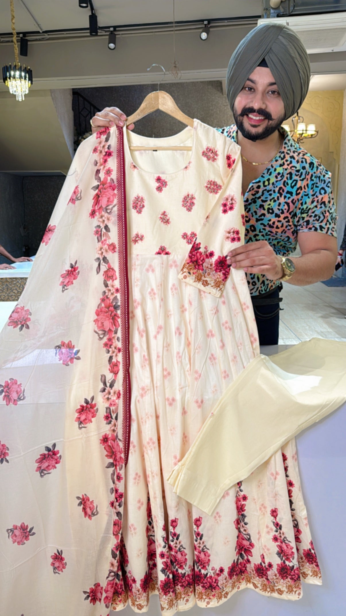 Cream & Maroon Pure Cotton Floral Print Full Flair Anarkali Suit With Hand embroidery Work on neck & Mal Cotton Duppata