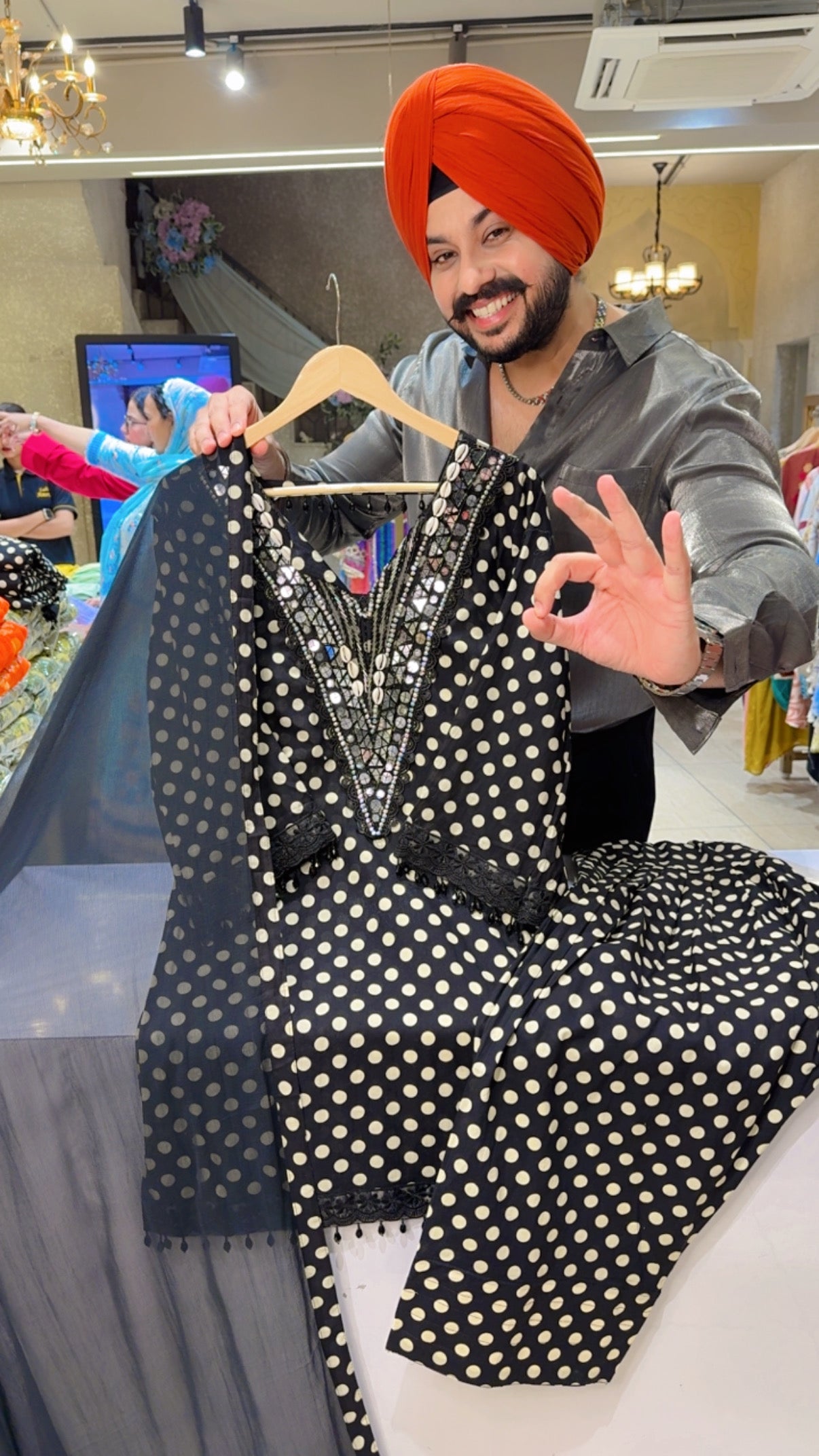 Black Cotton Polka Dots Hand Embroidered Designer Front & Back Girlish Farshi Salwar Suit
