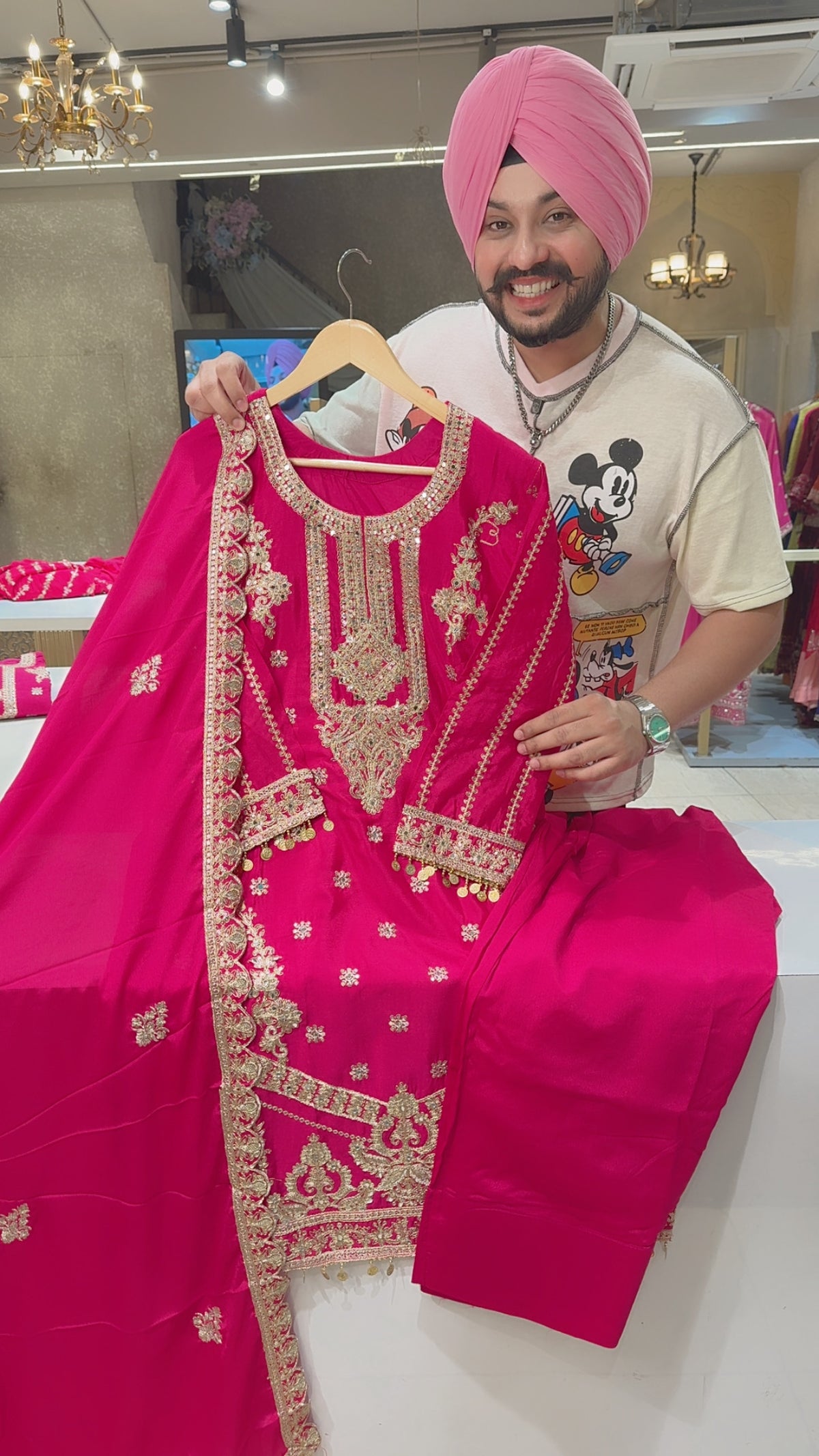 Rani Pink Chinon Fully Embroidered & Mirror Pasting Farshi Salwar Suit