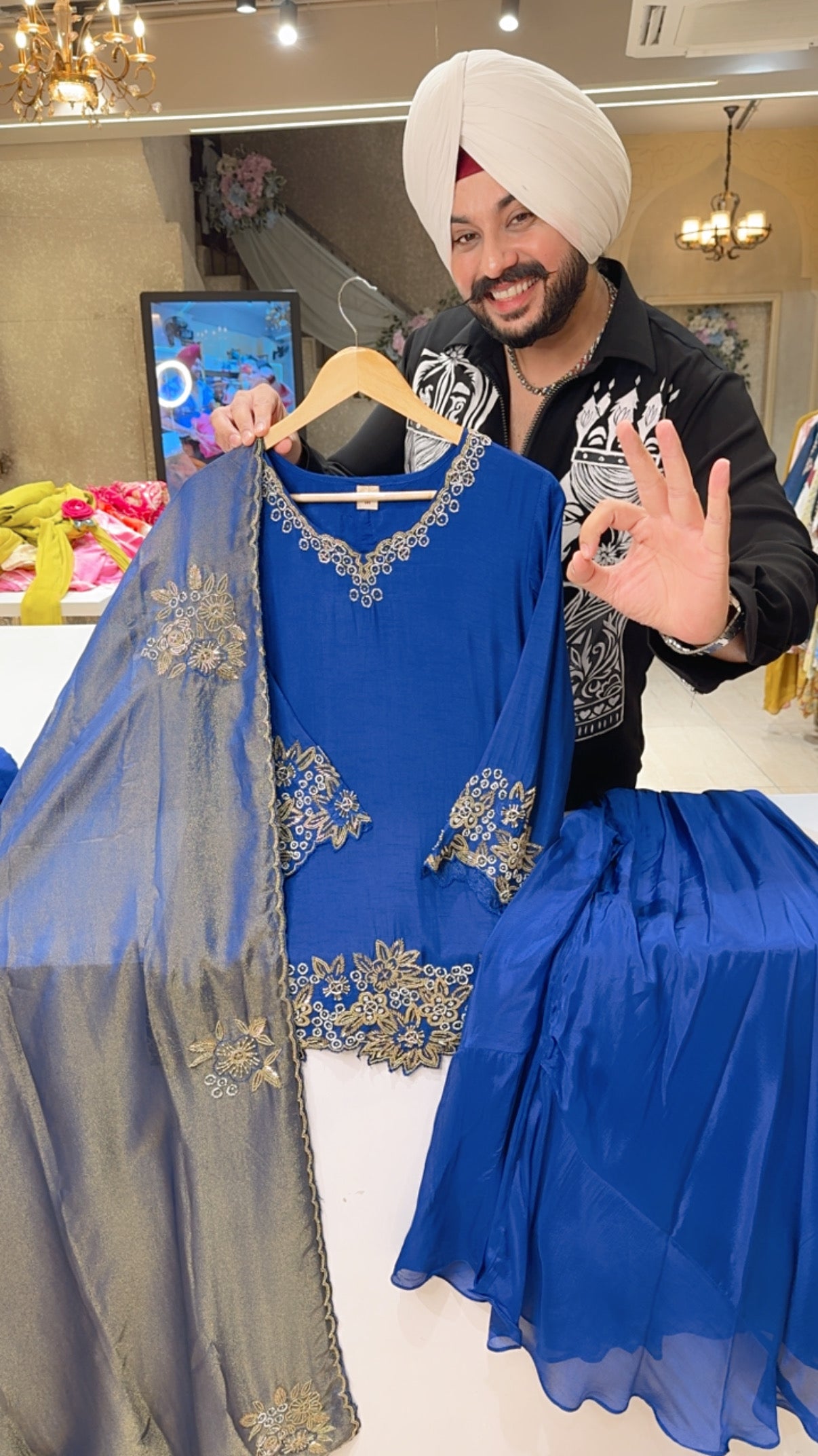 Royal Blue Heavy Hand Embroidered Bell Bottom Sharara suit with Shimmer Silk Duppata