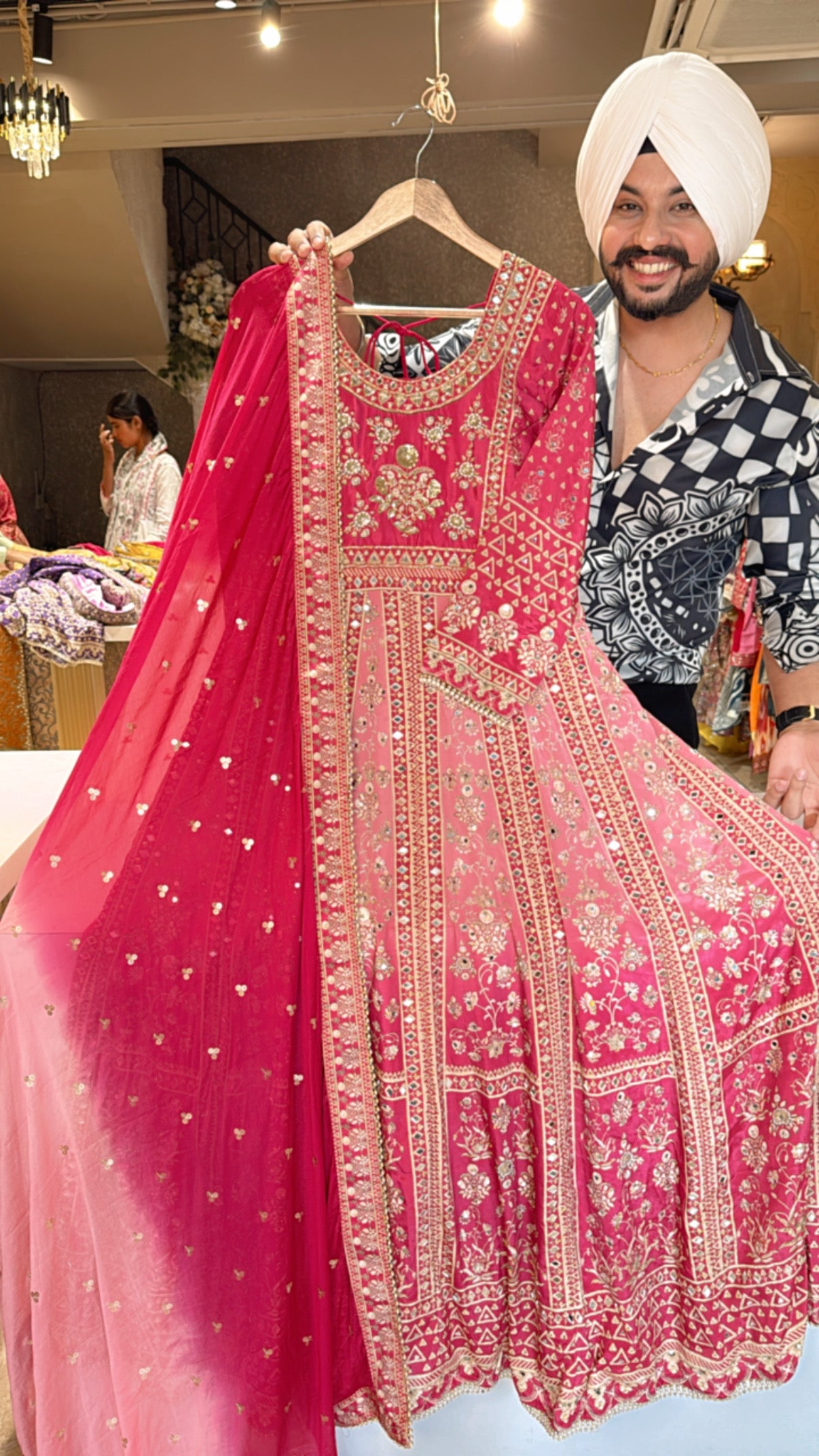 Pink Crepe Tie & die Heavy embroidered & mirror pasting Anarkali Gown with Beautiful Duppata