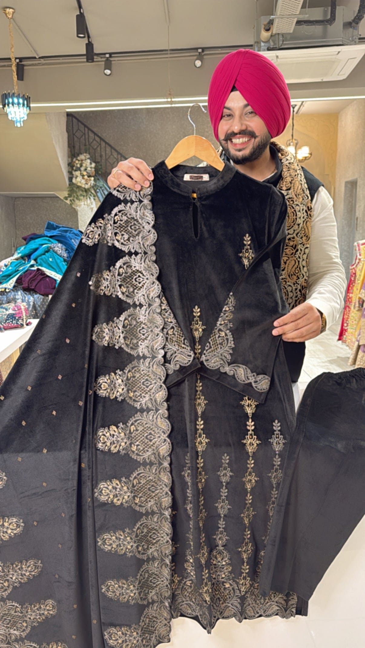 Black Heavy Velvet Fully Stretchable Straight Suit with heavy Embroidered Duppata