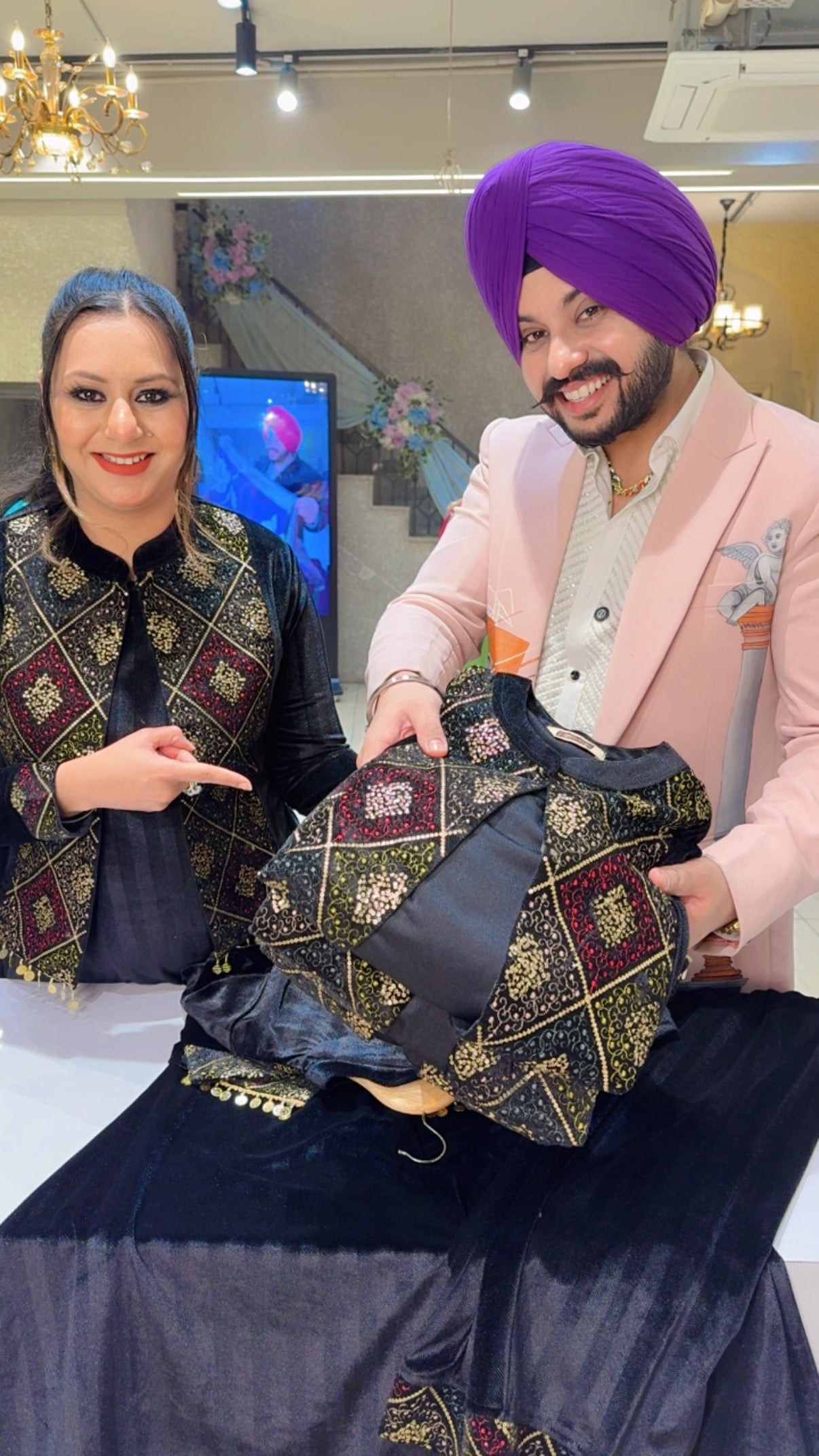 Black Strechable Velvet long Length A-line Coord set with Heavy embroidered & sequins Work Short Jacket