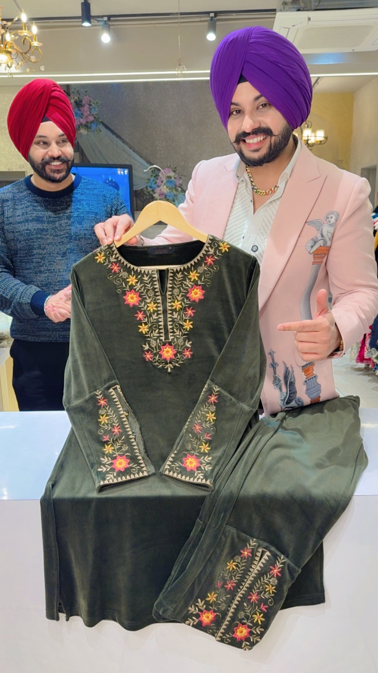 Dark Olive Cotrise Velvet Party wear Coord set with Beautiful Embroidery work on neck ,Sleeves & Pants