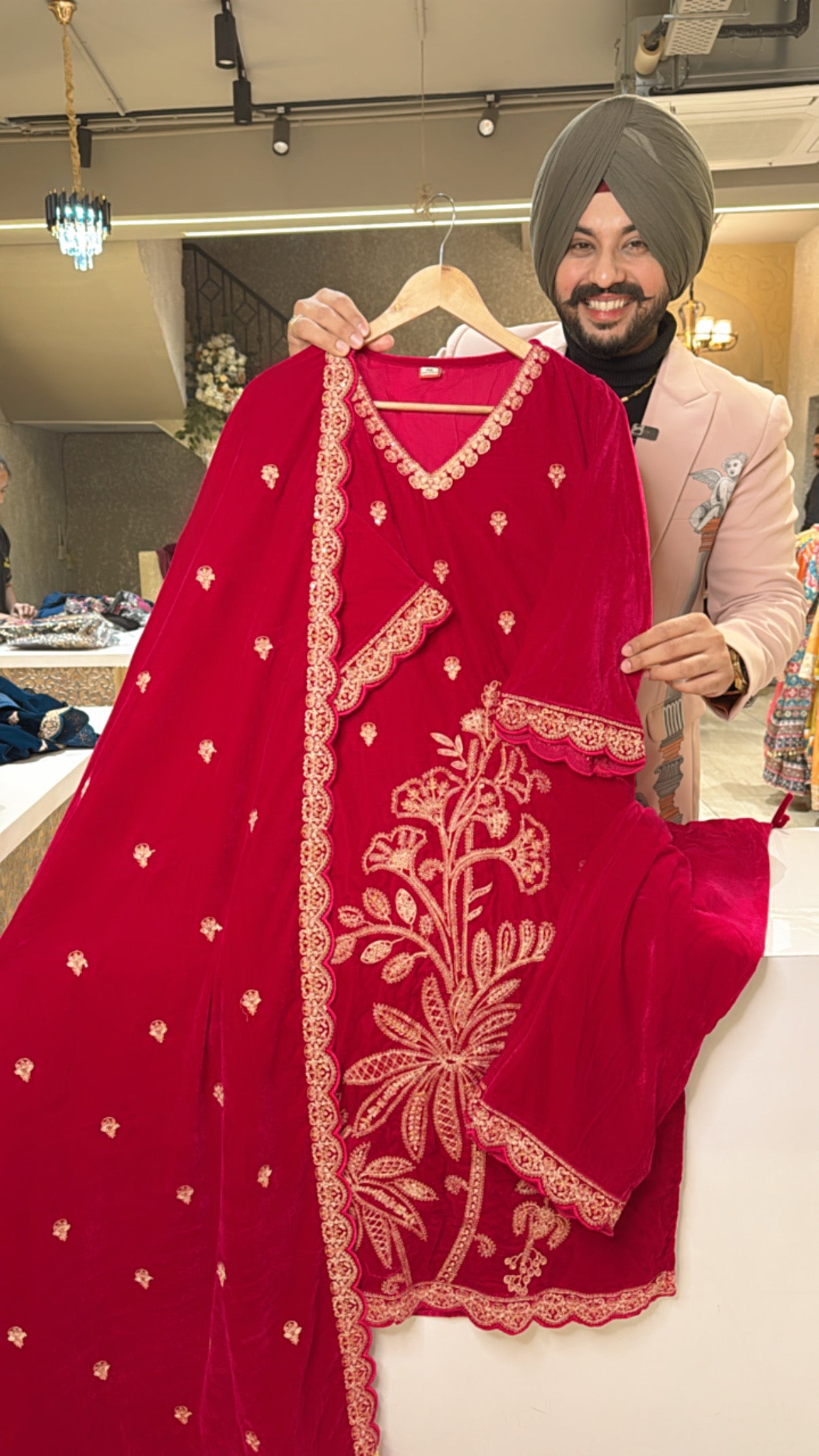 Rani Pink Velvet Heavy embroidered Pakistani Straight Suits with Beautiful Duppata