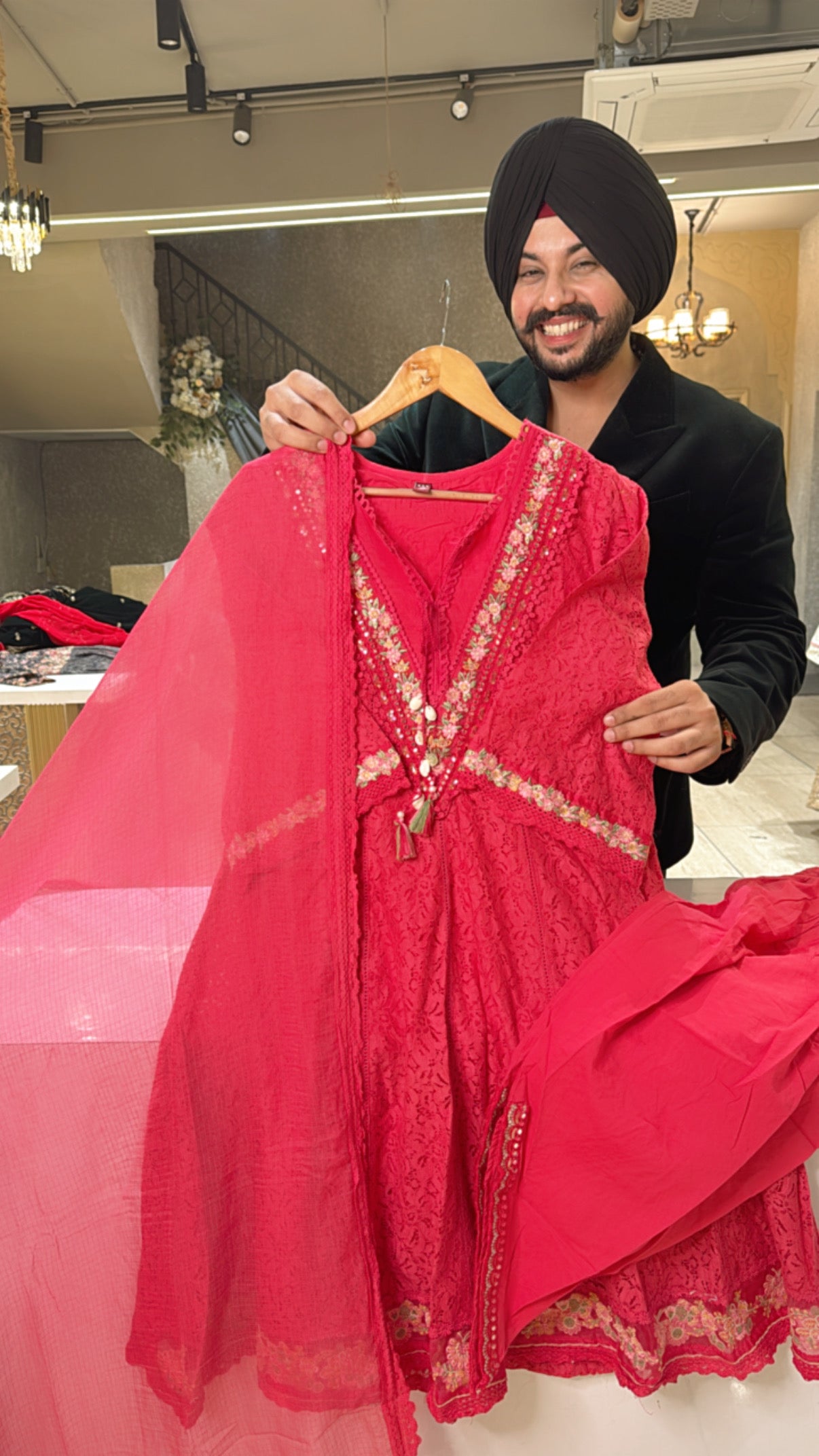 Vibrant Gajri Crochet Lace Pakistani Short Anarkali Suit with Styish d