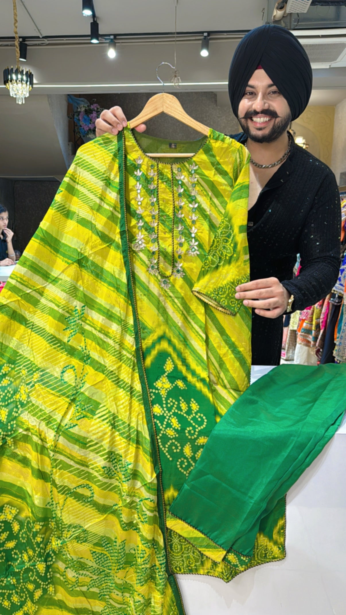 Green Soft crepe Lehriya & Bandhej Print Straight Suit with Hand work on neck