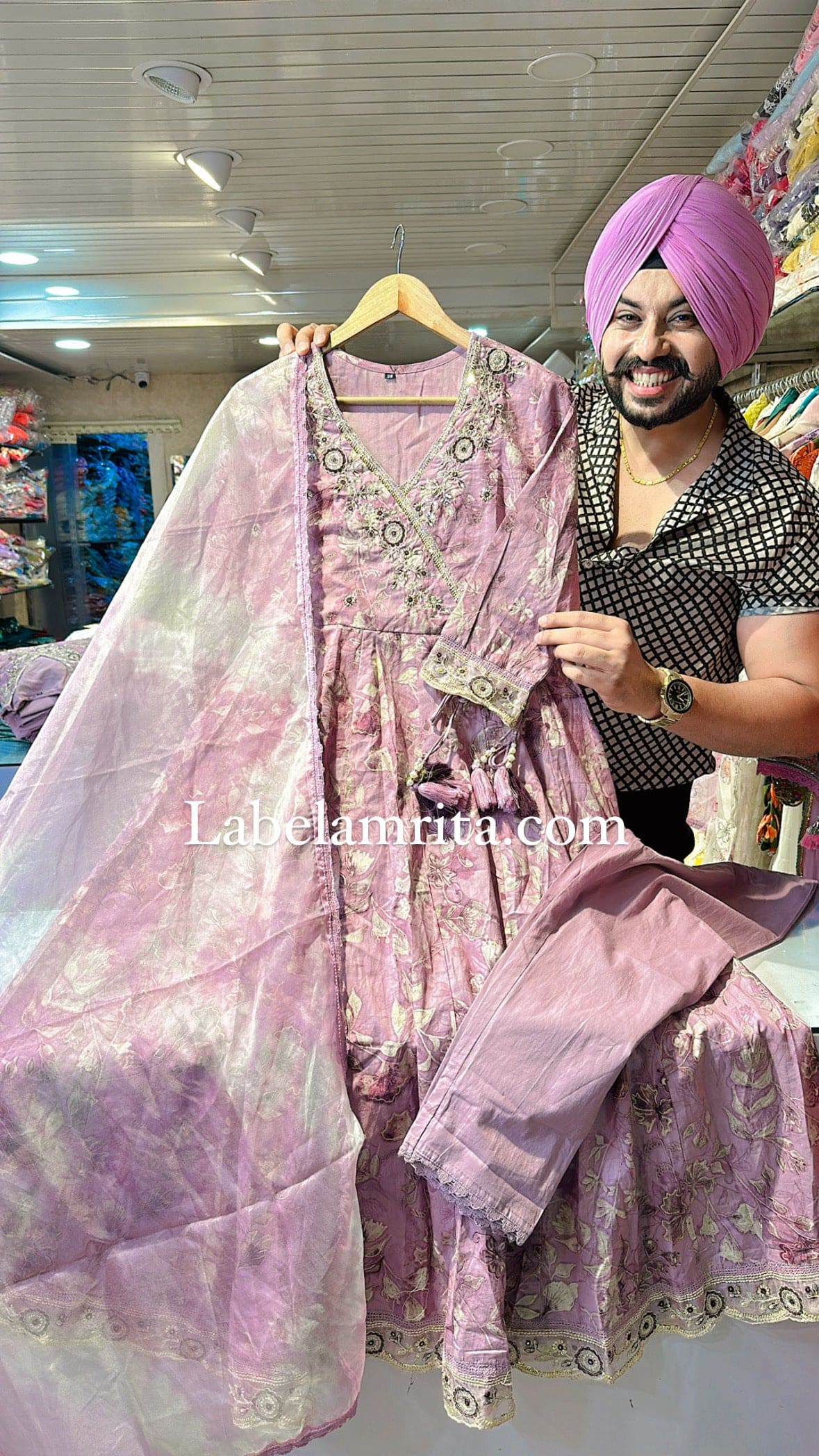 Onion Pink Pure Cotton Angrakha Anarkali Suit with Beautiful Organza Duppata