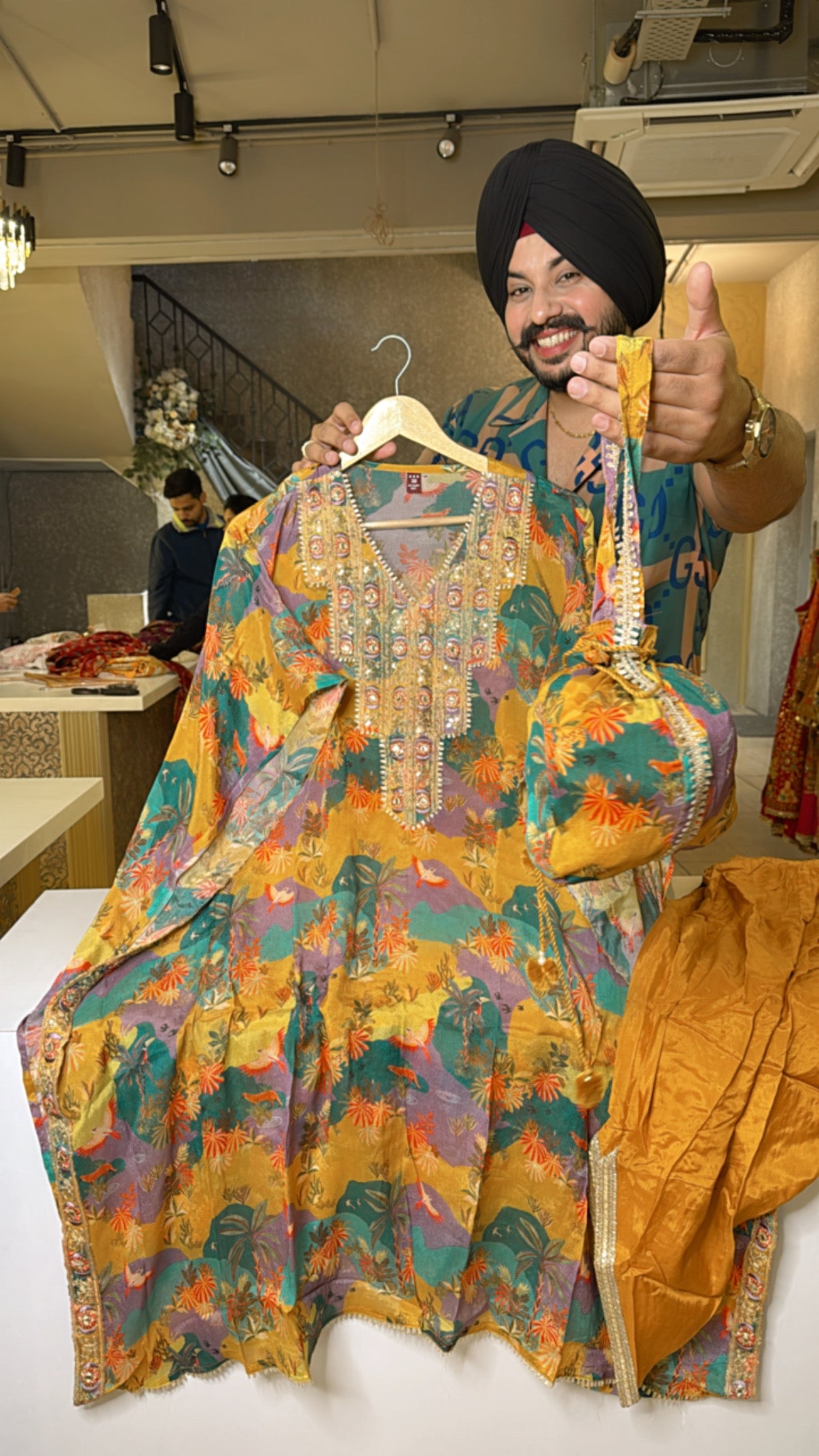 Mustard Yellow Chinon heavy Embroidered Kaftan Coord set with stylish Tulip pants & Potli