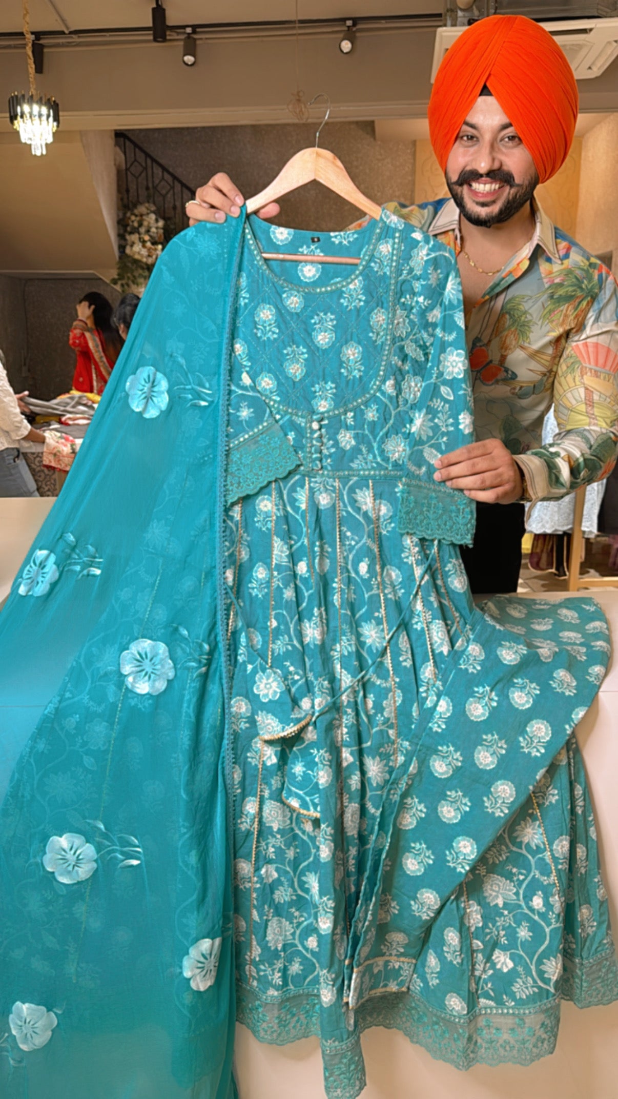 Sea Blue Pure Cotton Full Flair Anarkali Suit With Hand Embroidery work on neck & Hand painted Chiffon Duppata