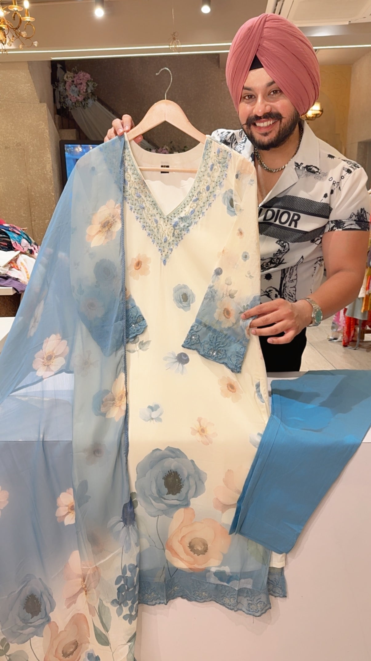 Cream & Light Blue Soft Chiffon Flower Print Straight Suit with Hand embroidery Work on neck