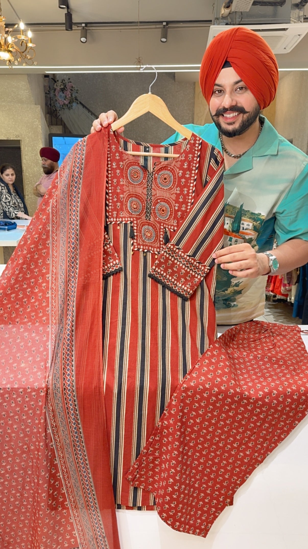 Rusty maroon Pure Cotton Jaipuri Print Straight Suit with Beautiful Embroidery Work on neck