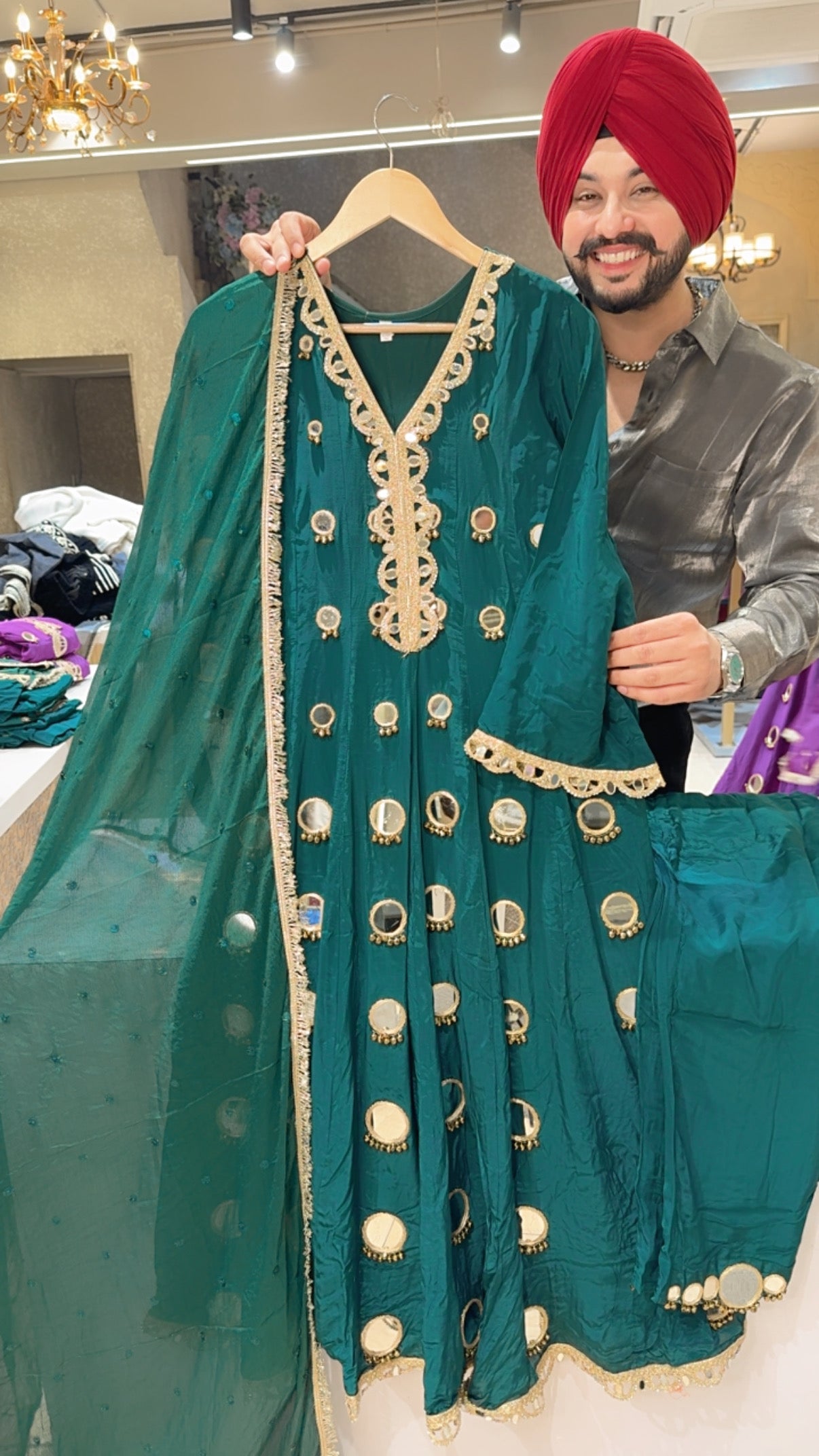 Bottle Green Crepe Front & Back Fully Mirror Work Party Wear Anarkali suit with Beautiful Chinon Duppata