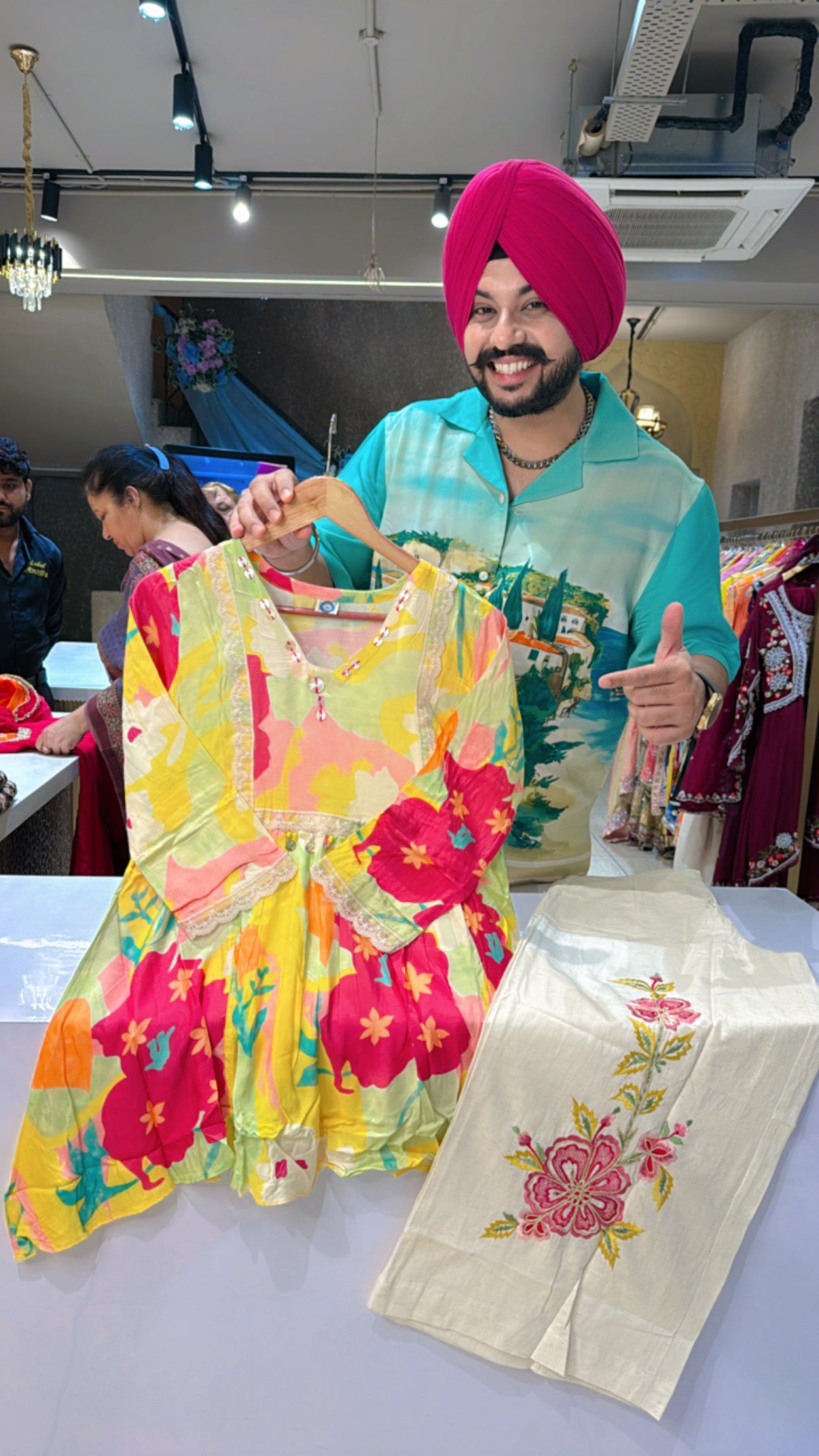 Vibrant Multicolored Muslin Silk Short C-cut Coord set with Soft Khaadi Embroidered Plazo