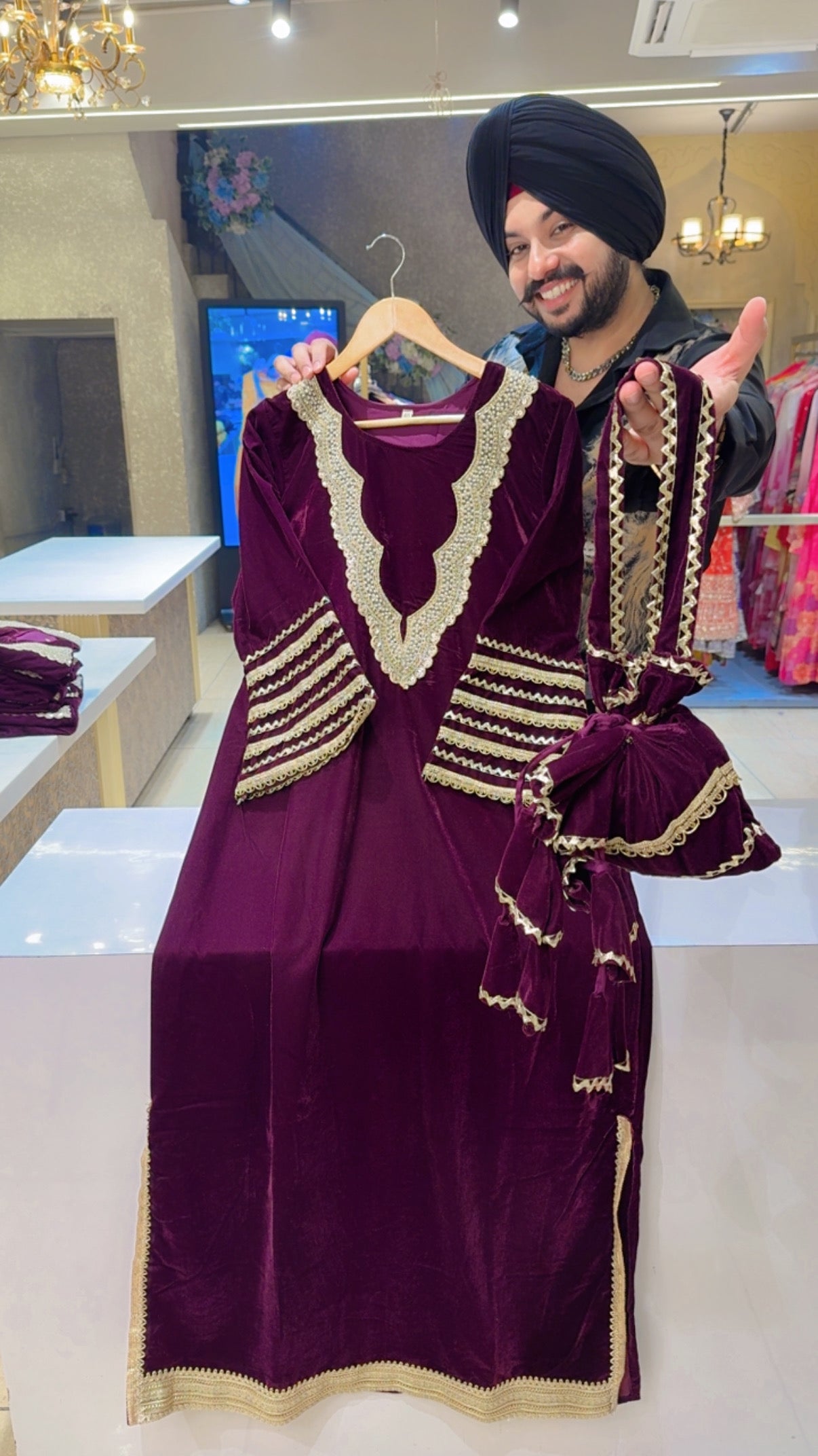 Dark wine Velvet Heavy Embroidered & Gotta Work Straight side Slit One Piece With Cute Potli
