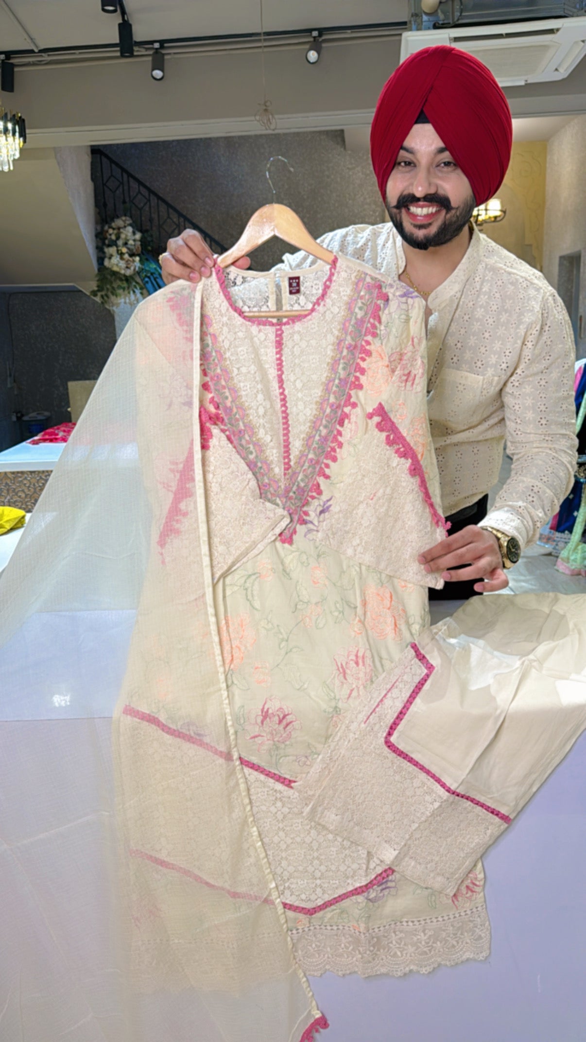 Off White Mal Cotton Heavy embroidered & Crochet work Pakistani Suit with Kota Doria Duppata