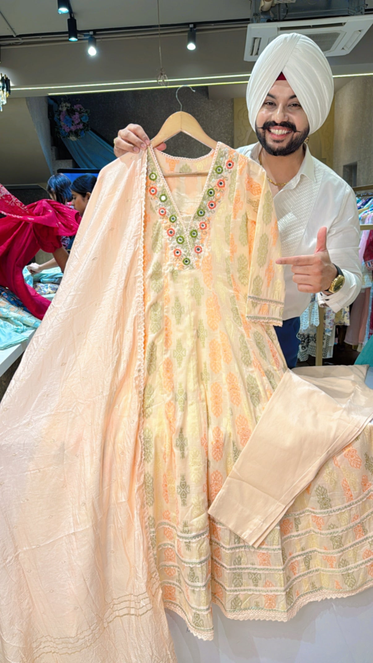 Peach Banarsi cotton Full Flair Anarkali Suit with Beautiful Hand work on neck