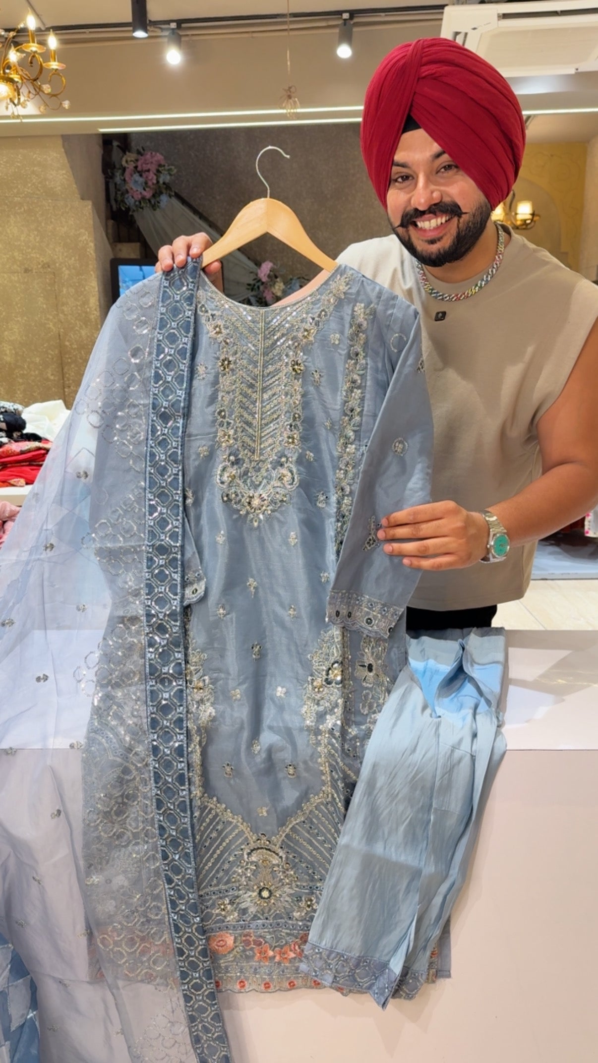 Powder Blue Soft Organza Fully Embroidered Party Wear suits with Beautiful heavy Duppata