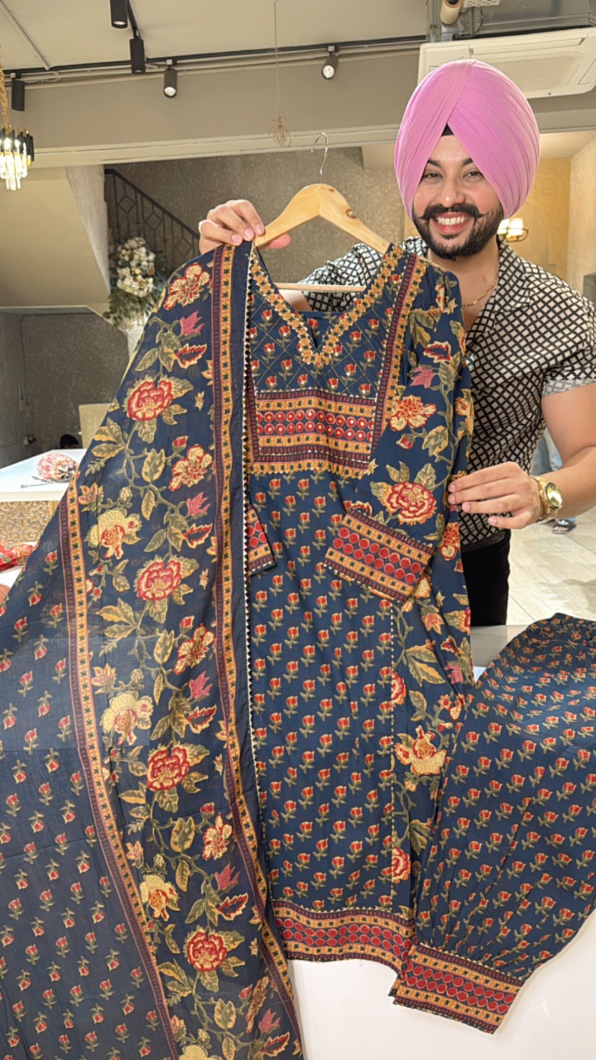 Blue Pure Cotton Pathani Suit with Beautiful Neck & Duppata