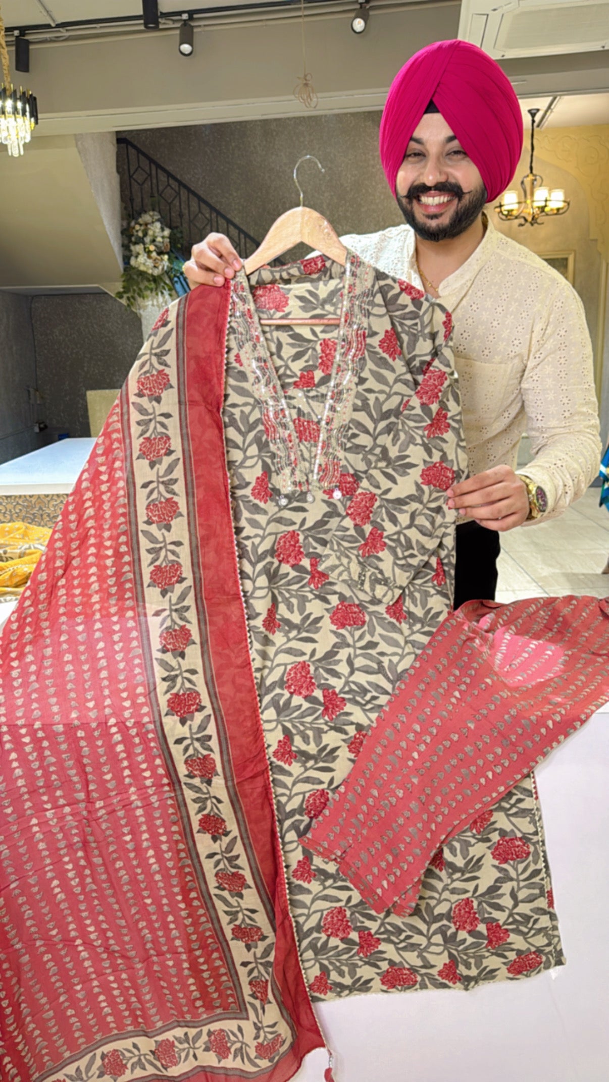 BeigeGrey & Gajri Pure Cotton Office Wear suit with Hand embroidery Work on neck