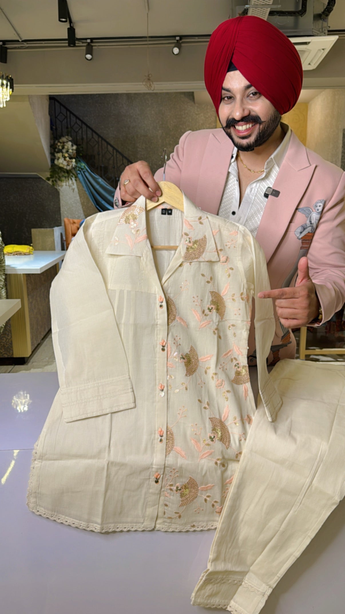 Off white Peach Collar Neck Summerish Embroidered Coord set