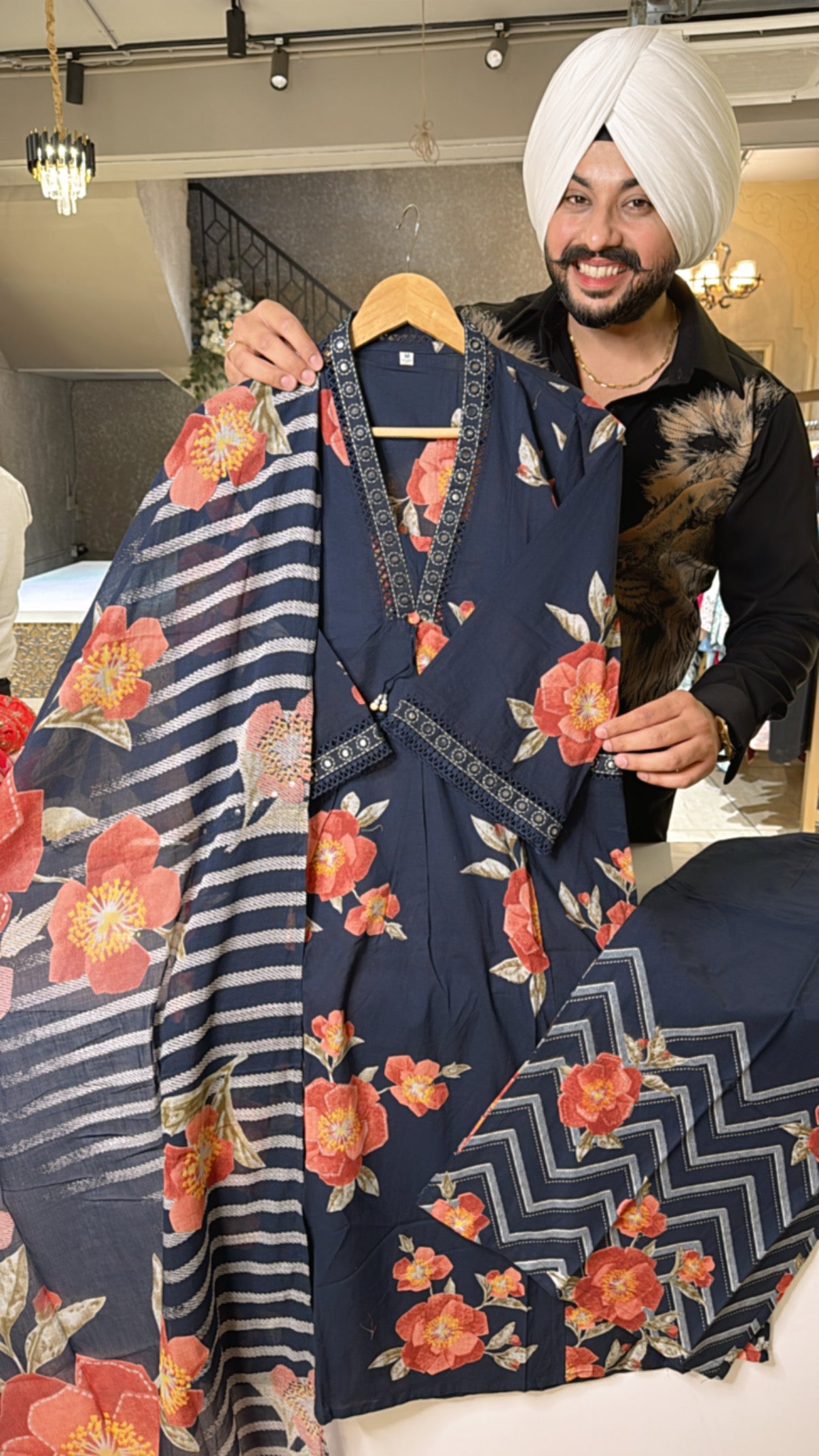 Navy Blue Pure Cotton Floral Print Indo western Plazo Suit with pockets & Beautiful Duppata