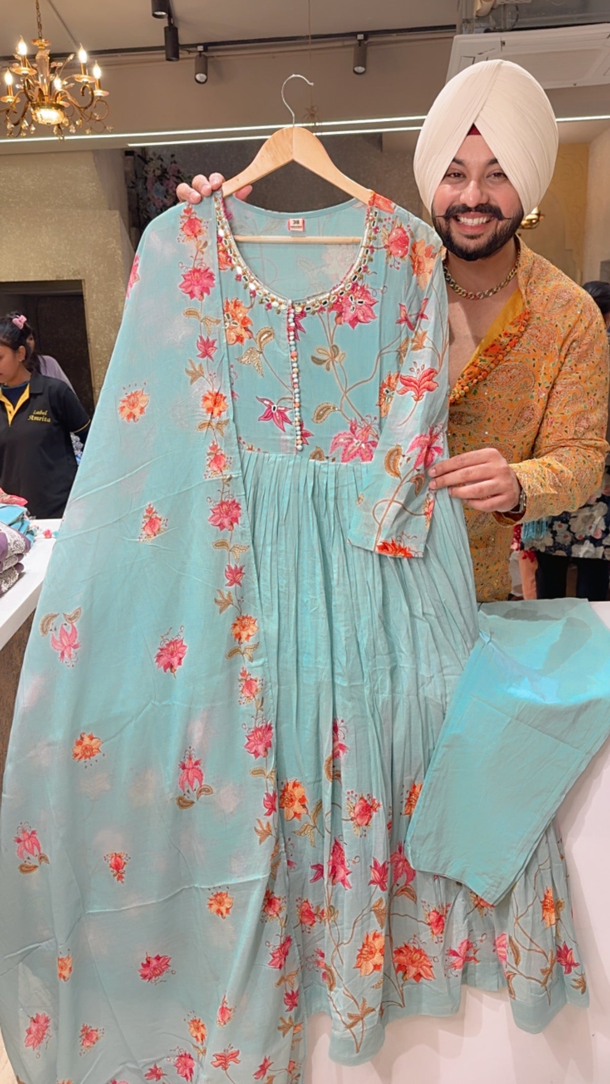 Sea Blue Mal Cotton Floral Print Hand embroidered Anarkali Suit