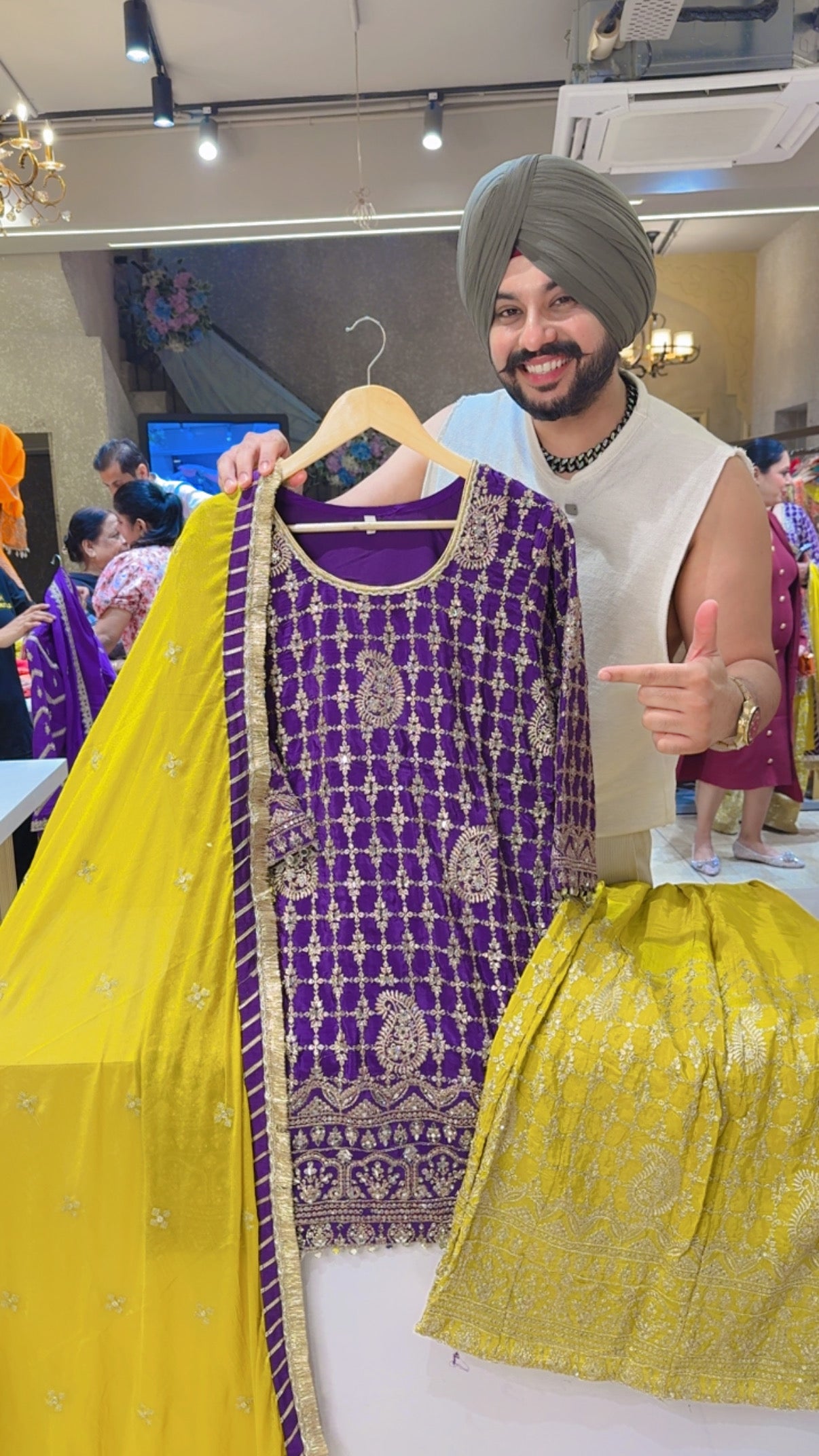 Purple & Lime Crepe Full Heavy Embroidered Sharara Suit with Beautiful Chinon Duppata