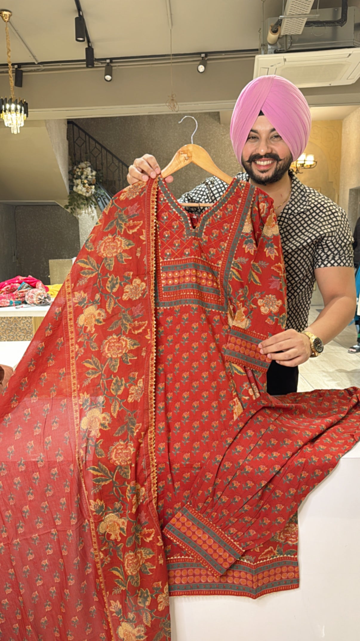 Reddish Maroon pure Cotton Pathani Suit with Beautiful Neck & Duppata