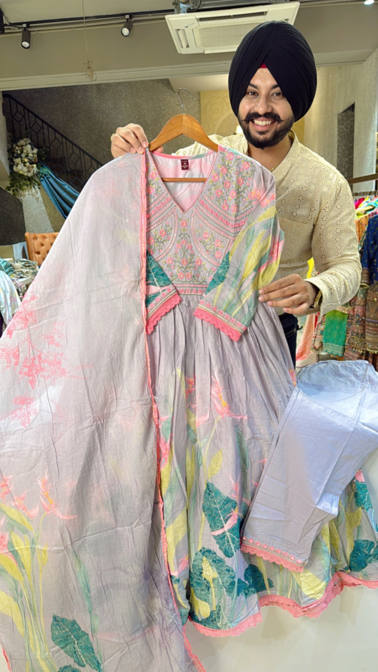 Light Lavender Mal Cotton Anarkali suit with Beautiful embroidery Work on neck