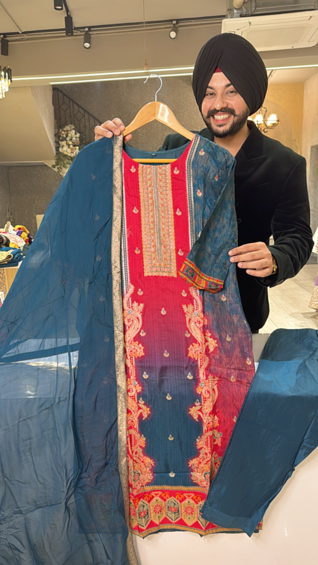 Blue & Rani Muslin silk Straight suit with Beautiful Organza Duppata