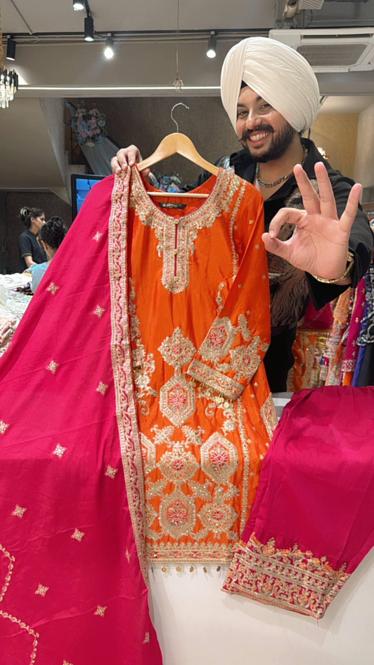 Orange & Rani Chinon Heavy Embroidered Farshi Salwar Suit with Beautiful Duppata