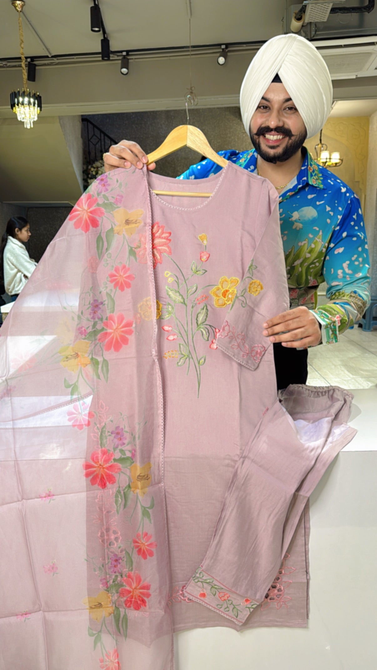 Lilac Roman Silk Floral Embroidered Suit with beautiful Organza Duppata