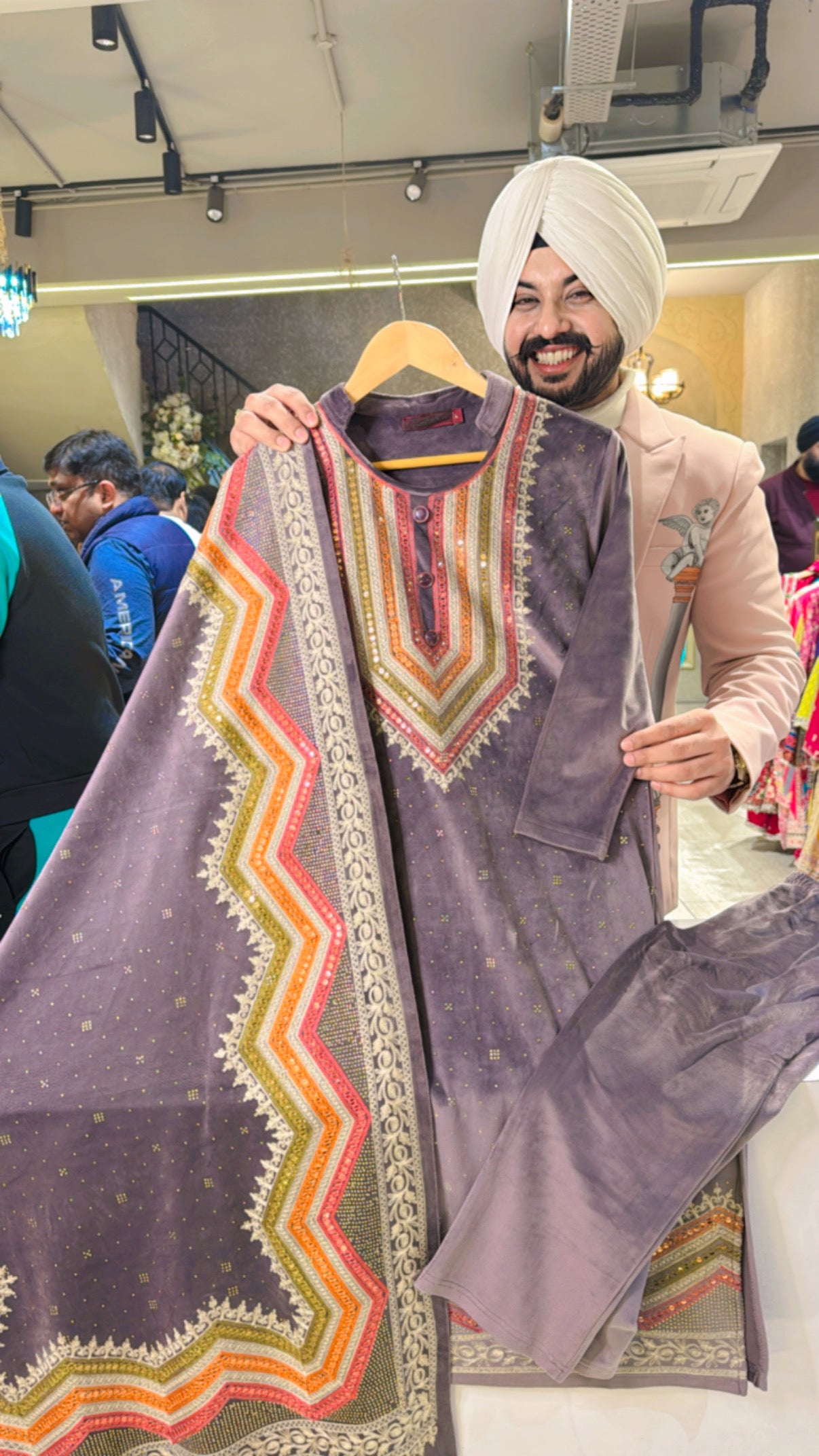 Mauve Velvet Heavy Embroidered Stretchable Suit with Heavy Embroidered Duppata