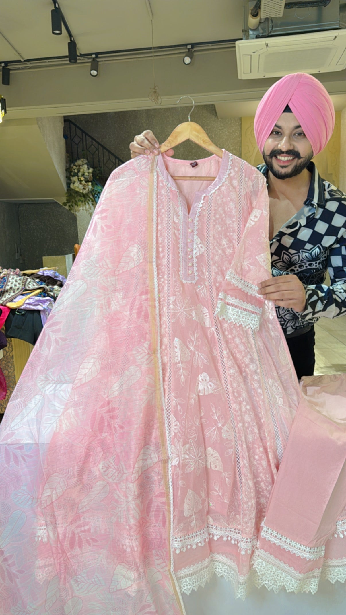 Light pink Soft Organza Fully embroidered Royal Anarkali suit with Digital Print Duppata