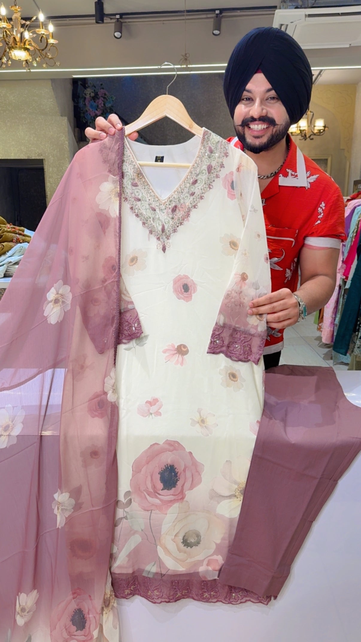 Cream & onion Chiffon Floral print Straight Suit with Hand Embroidery work on neck