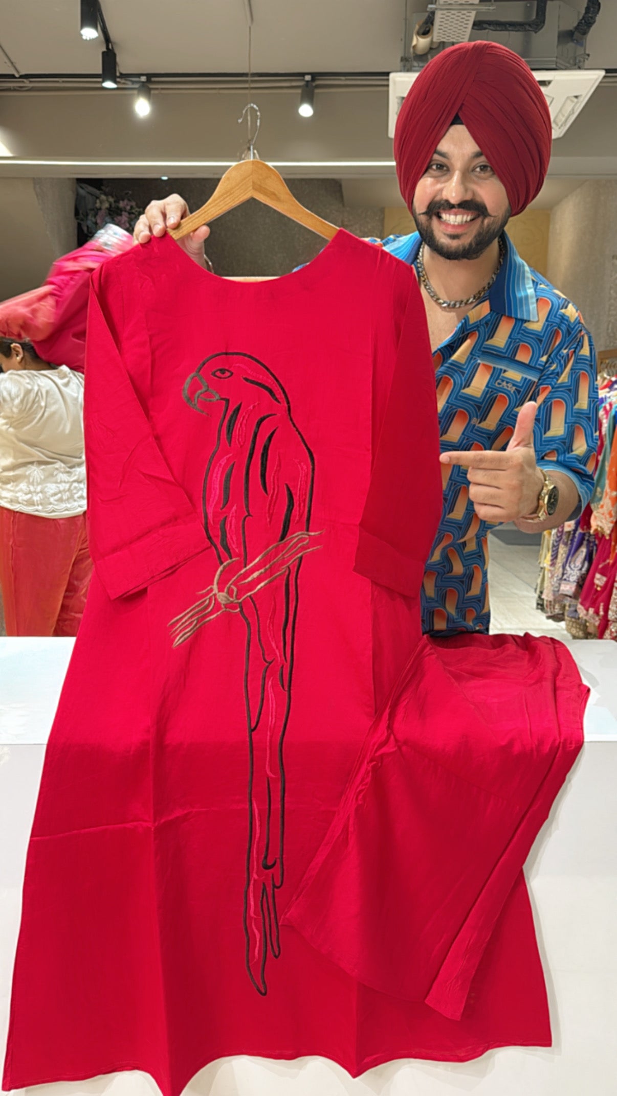 Anaari red Soft Silk A-line Parrot Embroidered Coord set