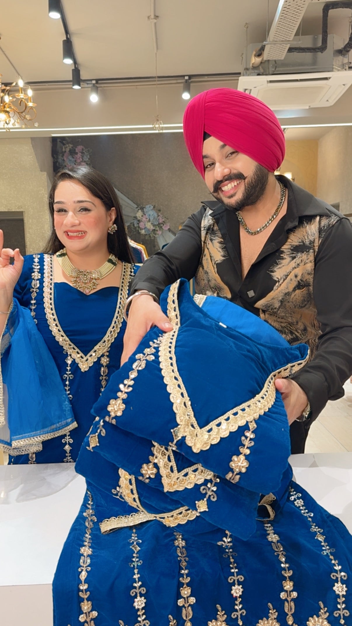 Royal Blue Velvet Heavy hand Embroidered Indowestern Plazo suit with Beautiful Organza Duppata