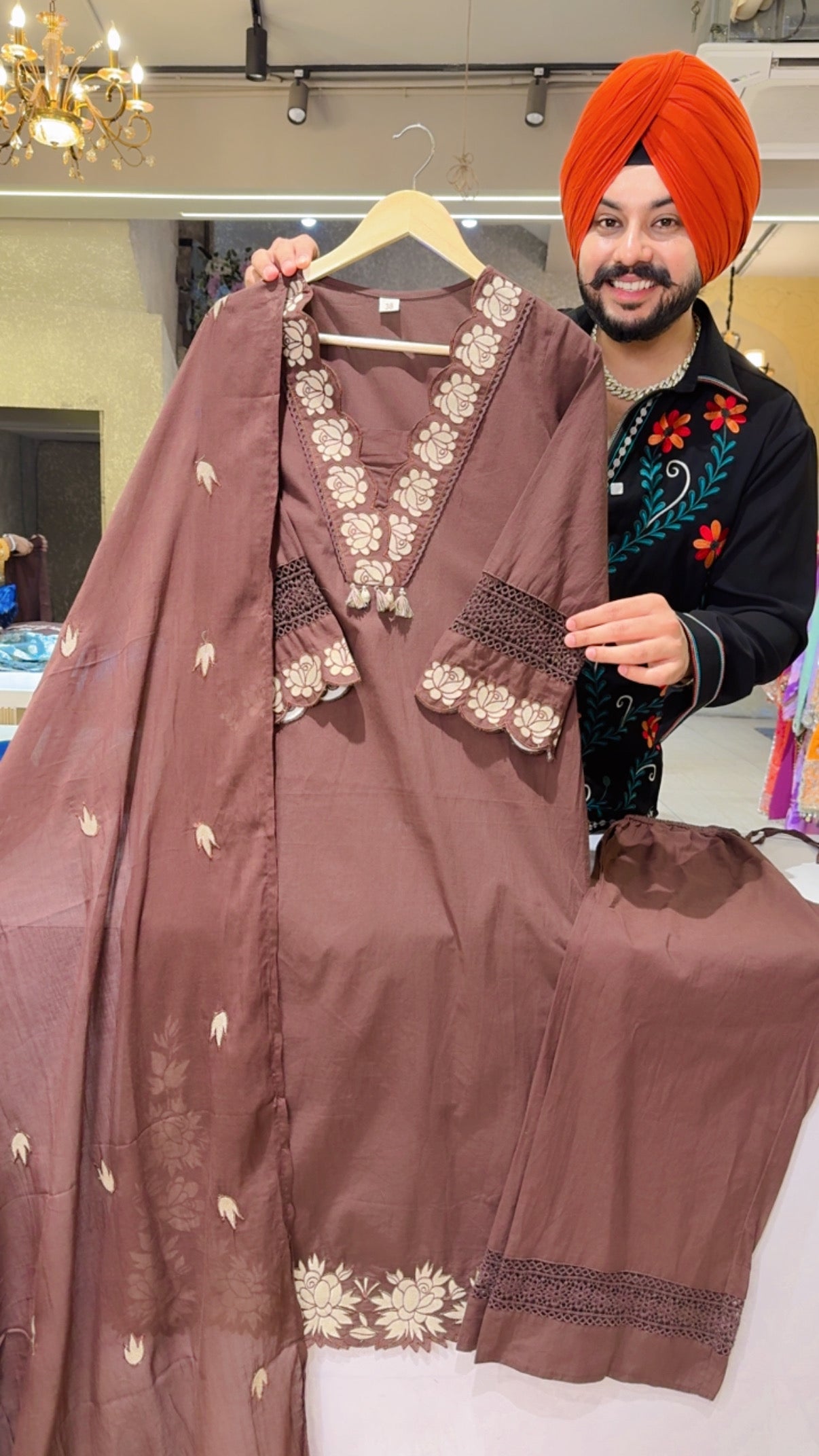 Chocolate brown Colour Pure Cotton Embroidered Semi formal Kashmiri Suit with Embroidered Mal Cotton Duppata