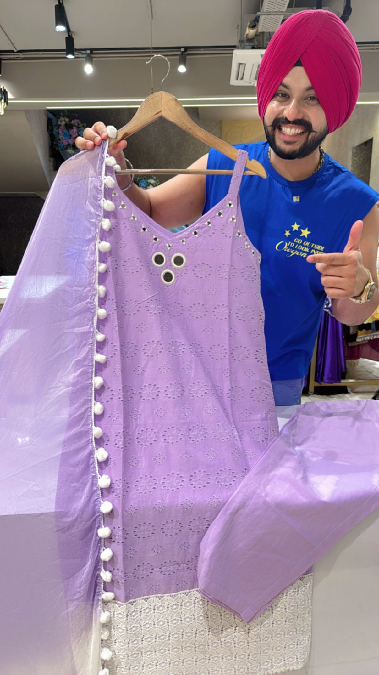 Lavender Pure Cotton Strap Sleeves Pom Pom Suit
