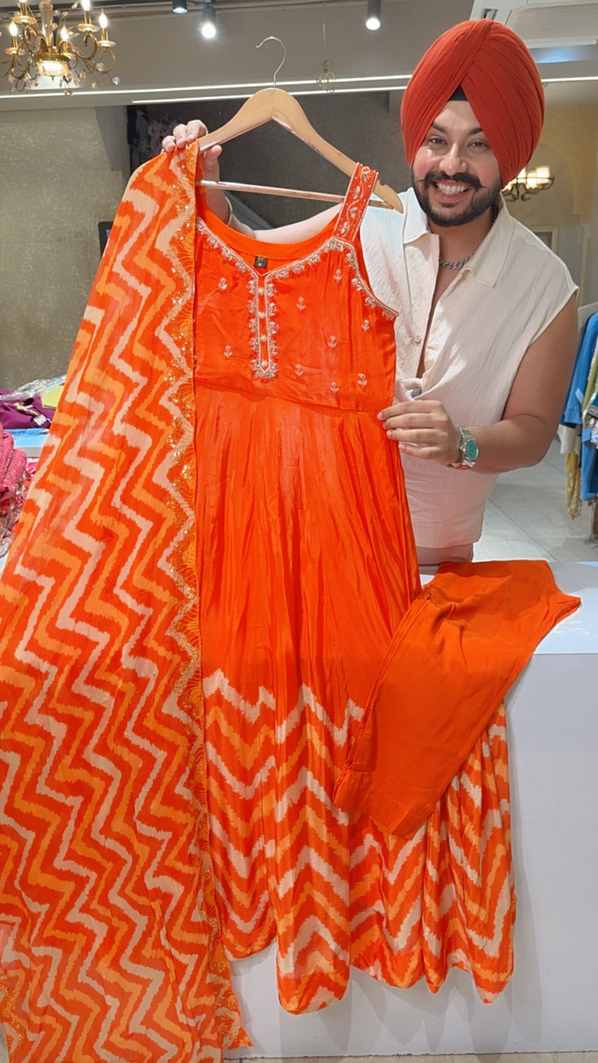 Orange Chinon Hand embroidered Strap Sleeves Full Flair Anarkali suit With Beautiful Lehria Duppata