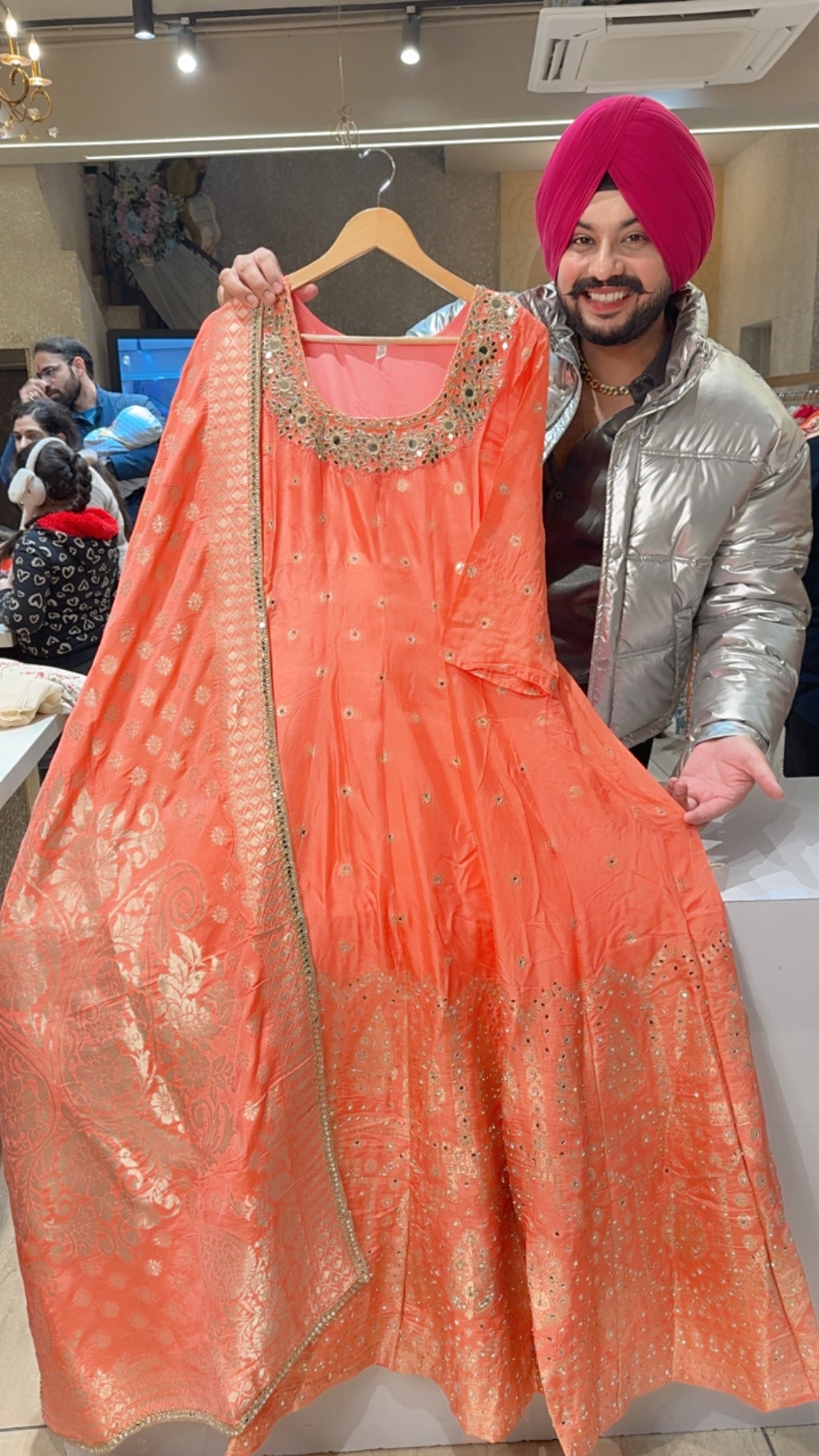 Peach Colour Soft Silk Full Flair Hand Embroidered & Mirror Pasting Anarkali Gown With Heavy Banarasi Border & Duppata