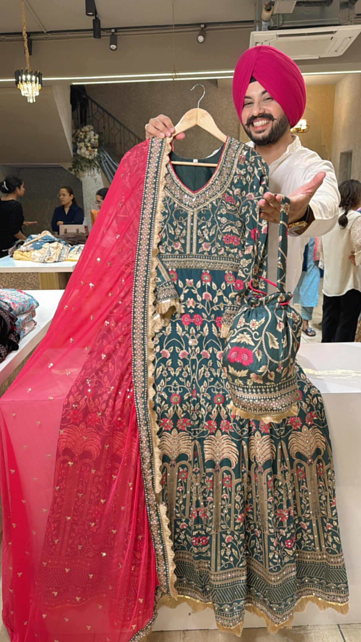 Green Crepe Heavy Embroidered & Mirror Pasting Anarkali gown With Beautiful Sequence work Duppata & Cute Potli