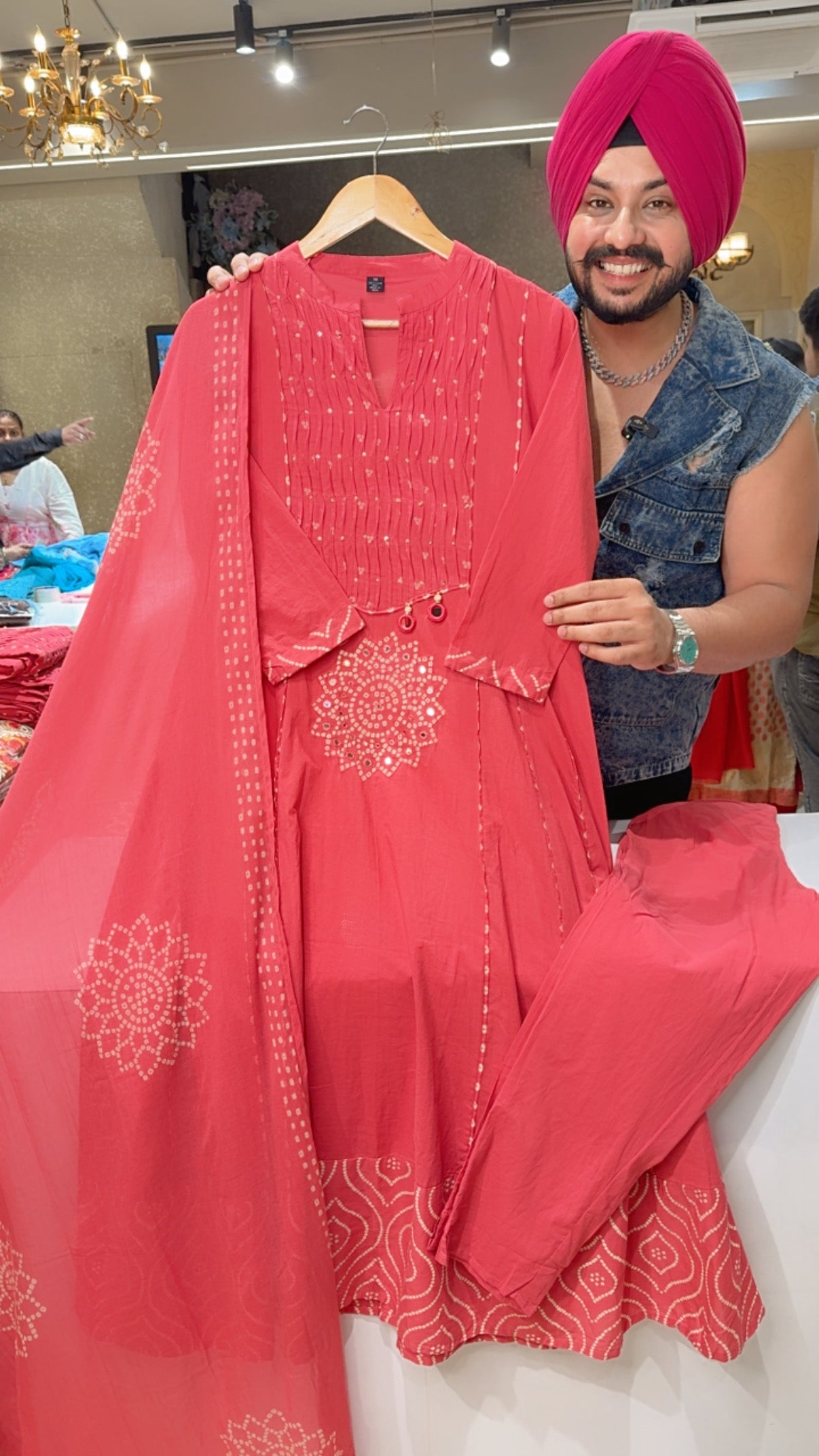 Pink Pure Cotton Bandhej print Mirror Work Semi formal Anarkali suit