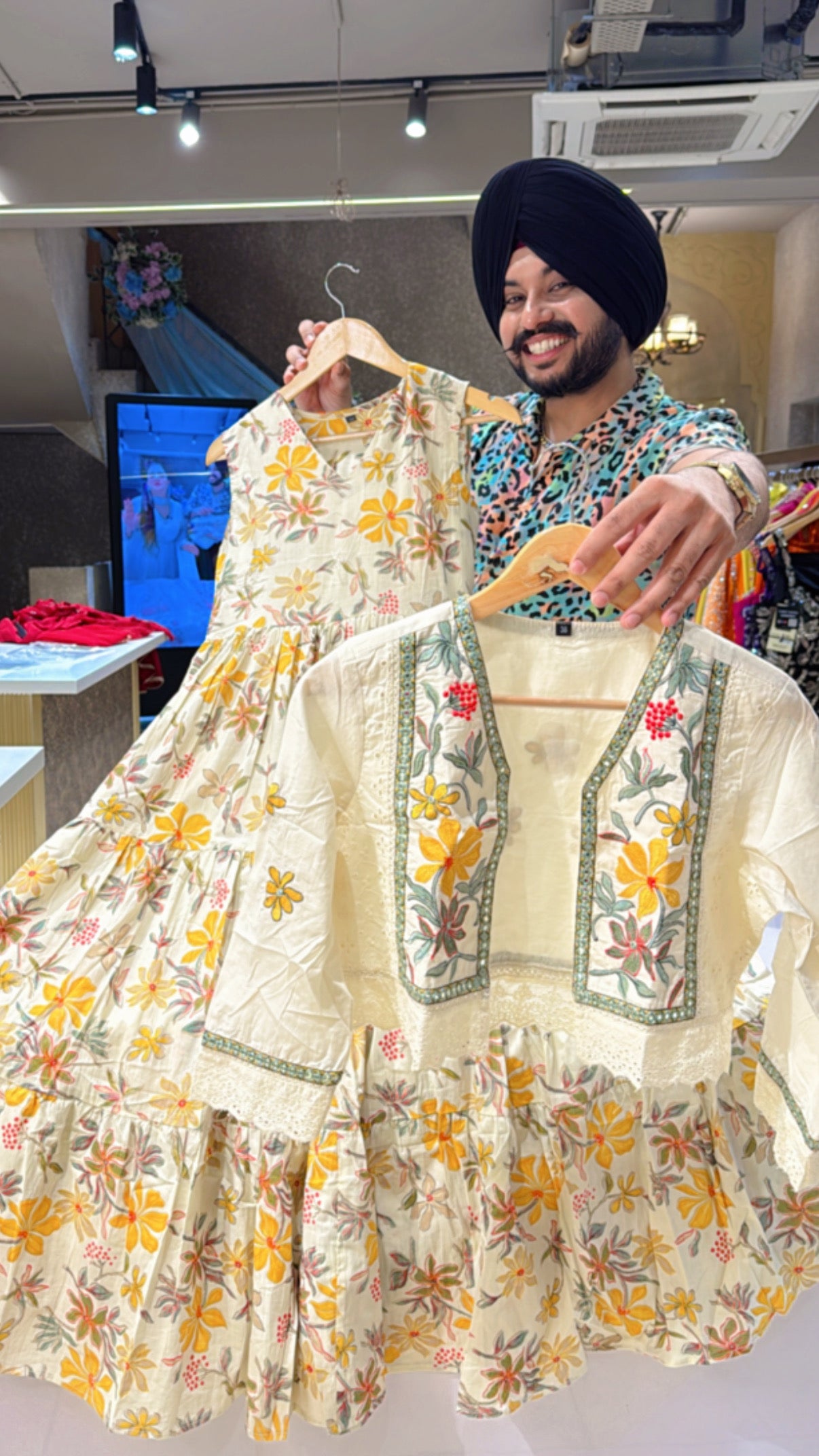 Off white & Yellow Pure Cotton Indo Western Dress with embroidered Short Jacket