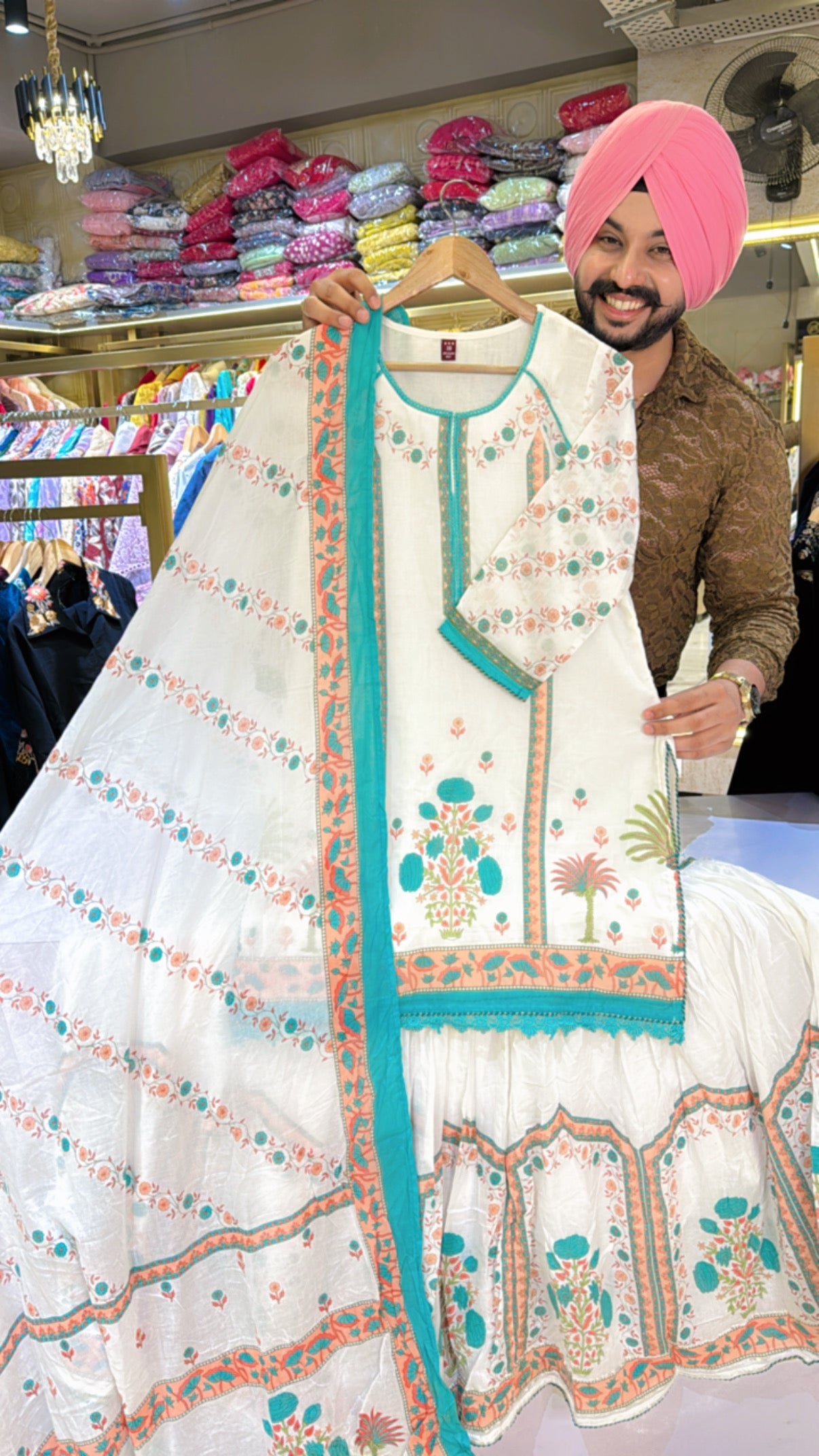 Moon White & Rama Mal Cotton Full Flair Garara Suit with Mal Cotton Duppata